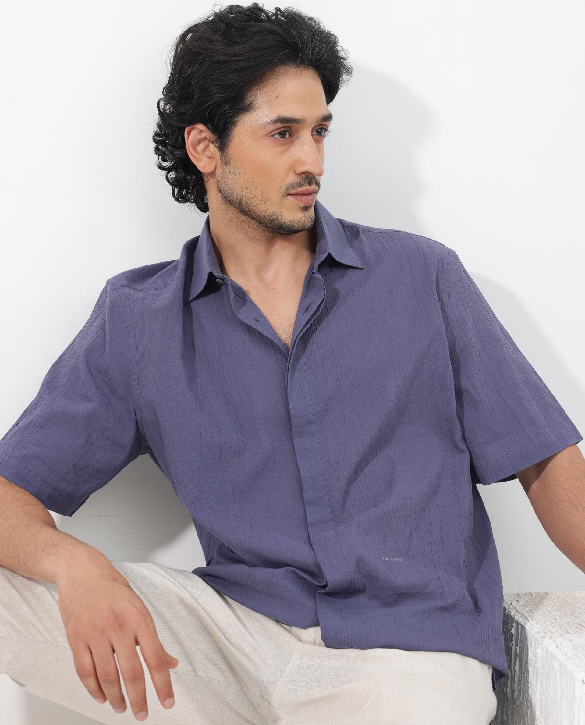 Rare Rabbit Mens Crinkle SS Dusky Purple Cotton Fabric Short Sleeve Boxy Fit Crinkle Effect Solid Shirt