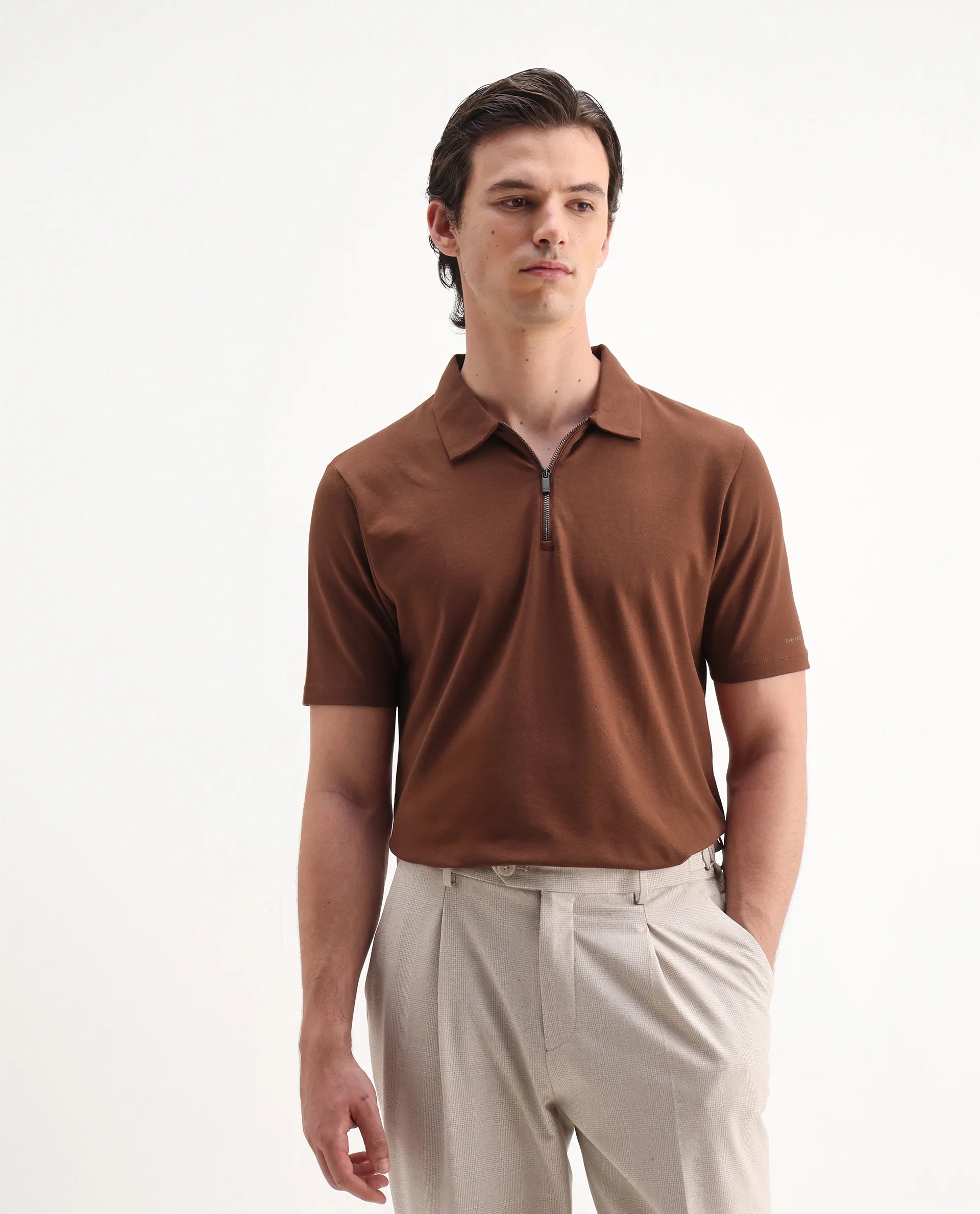 Rare Rabbit Men's Stan 2 Dusky Rust Cotton Blend Plain Regular Fit Half Sleeve Polo
