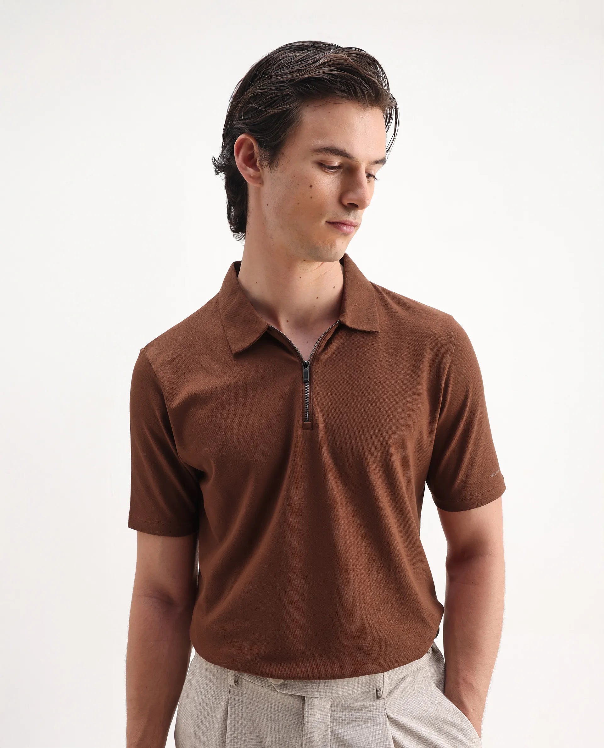 Rare Rabbit Men's Stan 2 Dusky Rust Cotton Blend Plain Regular Fit Half Sleeve Polo