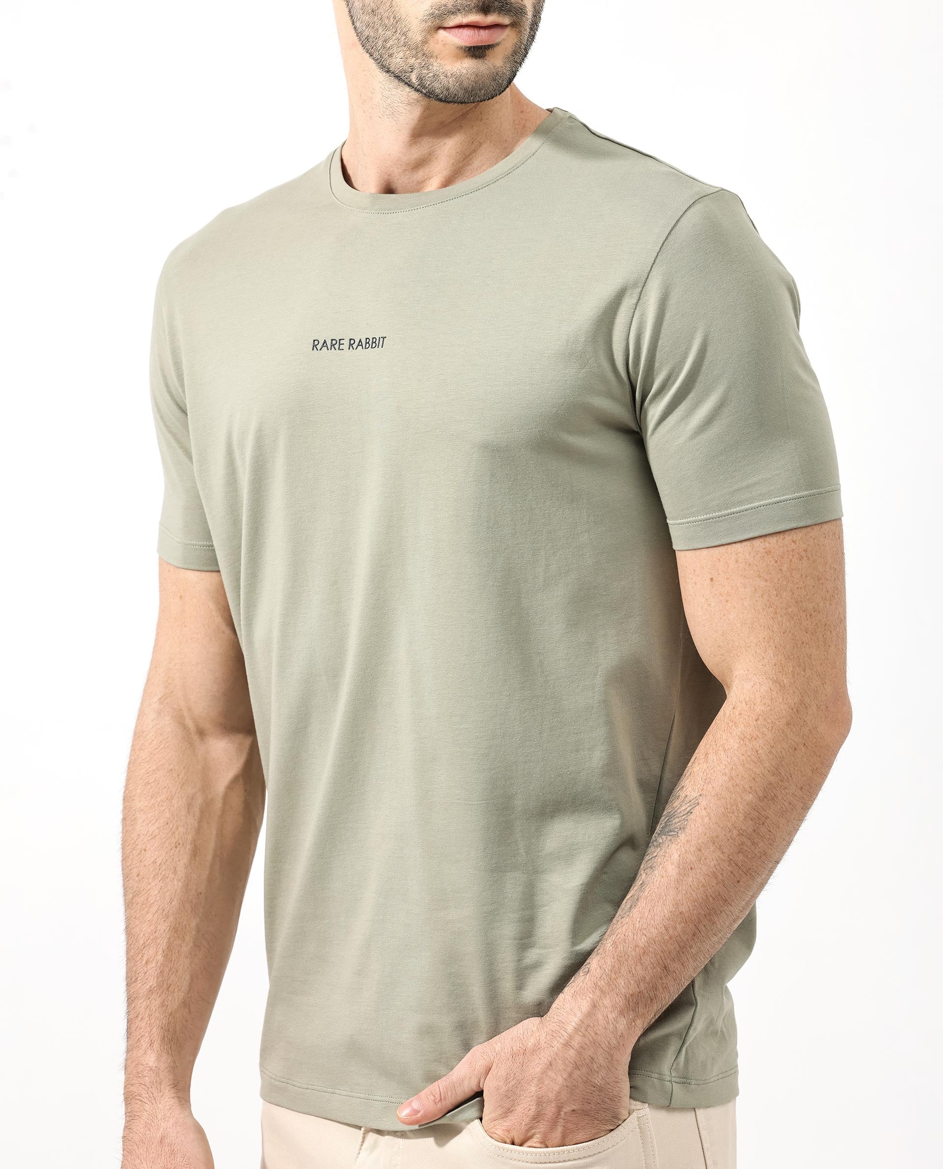 Rare Rabbit Articale Mens Stark Dusky Green Cotton Polyester Fabric Short Sleeve Crew Neck Regular Fit Printed T-Shirt