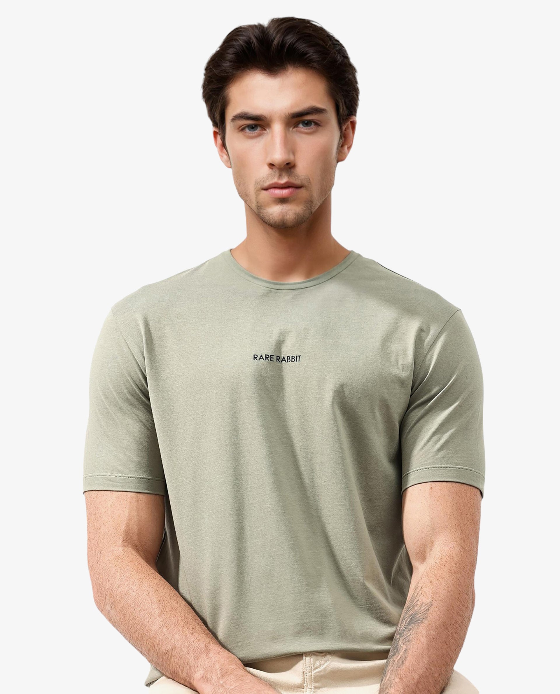 Rare Rabbit Articale Mens Stark Dusky Green Cotton Polyester Fabric Short Sleeve Crew Neck Regular Fit Printed T-Shirt