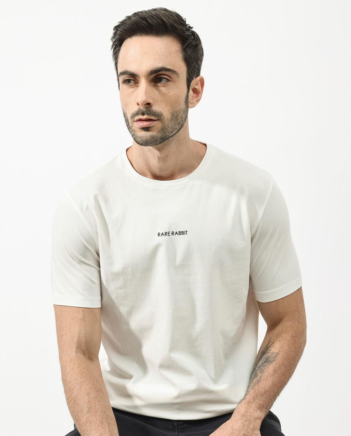 Rare Rabbit Articale Mens Stark Off White Cotton Polyester Fabric Short Sleeve Crew Neck Regular Fit Printed T-Shirt