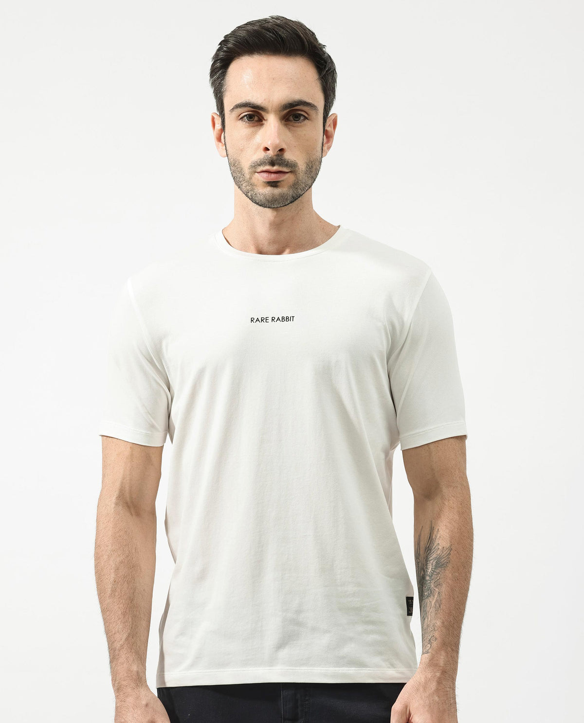 Rare Rabbit Articale Mens Stark Off White Cotton Polyester Fabric Short Sleeve Crew Neck Regular Fit Printed T-Shirt