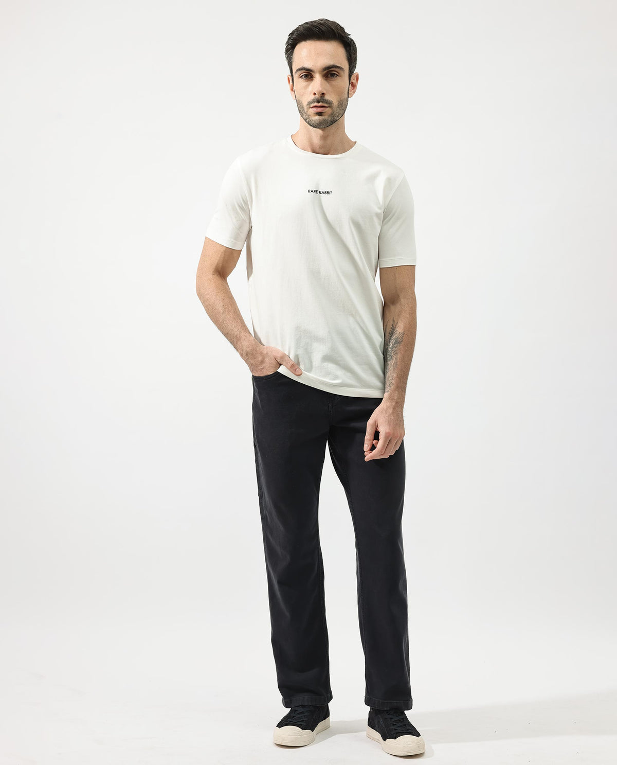 Rare Rabbit Articale Mens Stark Off White Cotton Polyester Fabric Short Sleeve Crew Neck Regular Fit Printed T-Shirt