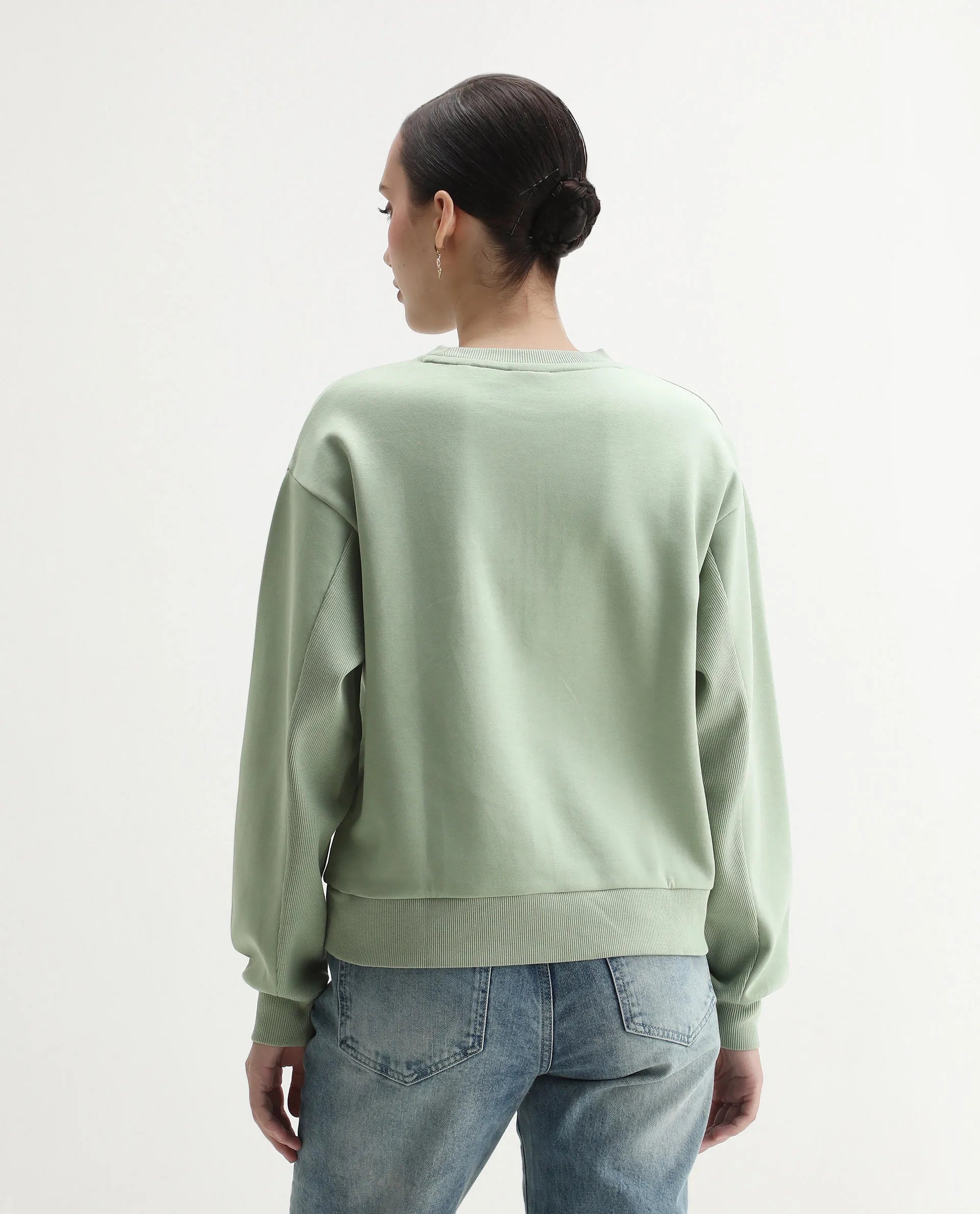 Rareism Women's Staz Light Green Cotton Blend Fabric Crew Neck Regular Fit Printed Sweatshirt
