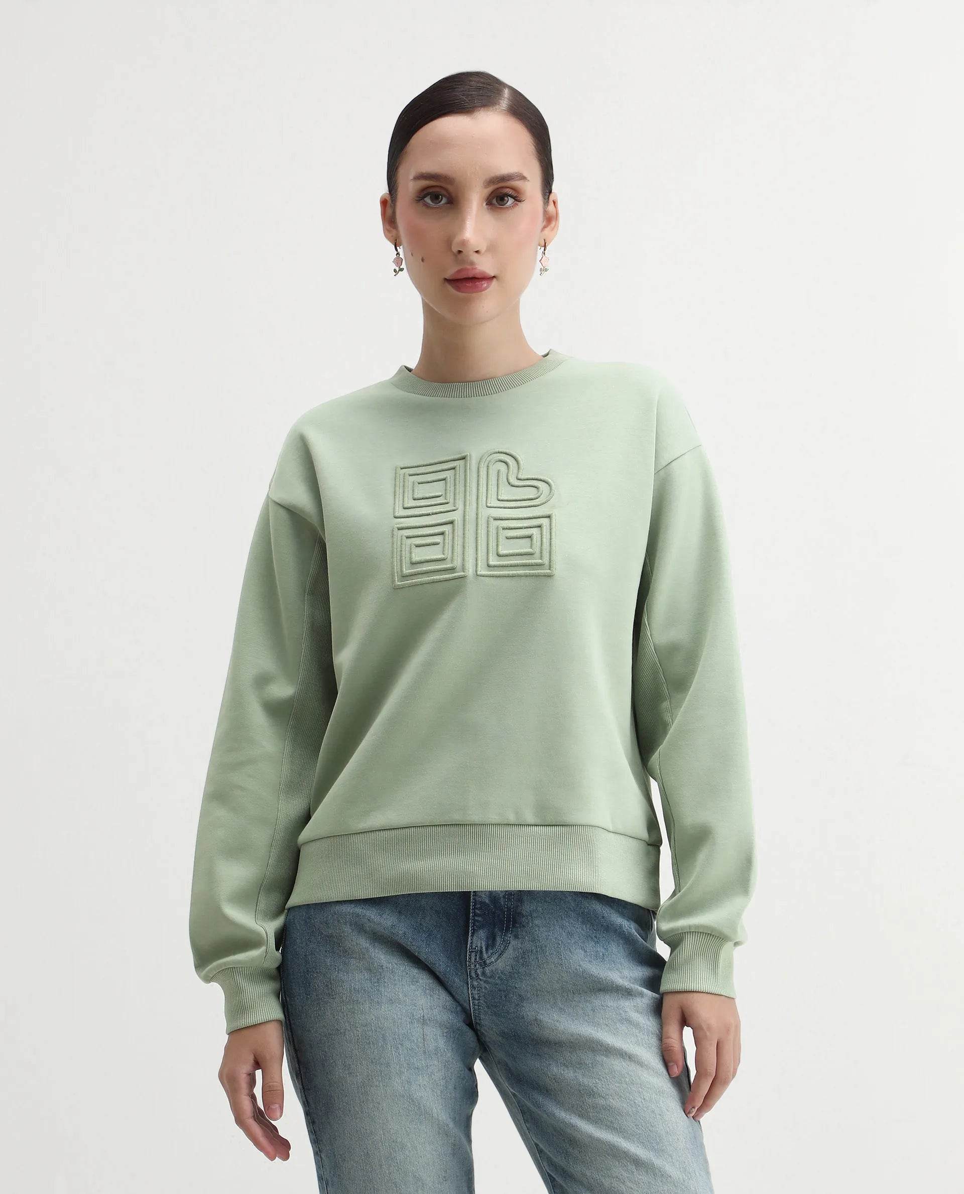 Rareism Women's Staz Light Green Cotton Blend Fabric Crew Neck Regular Fit Printed Sweatshirt