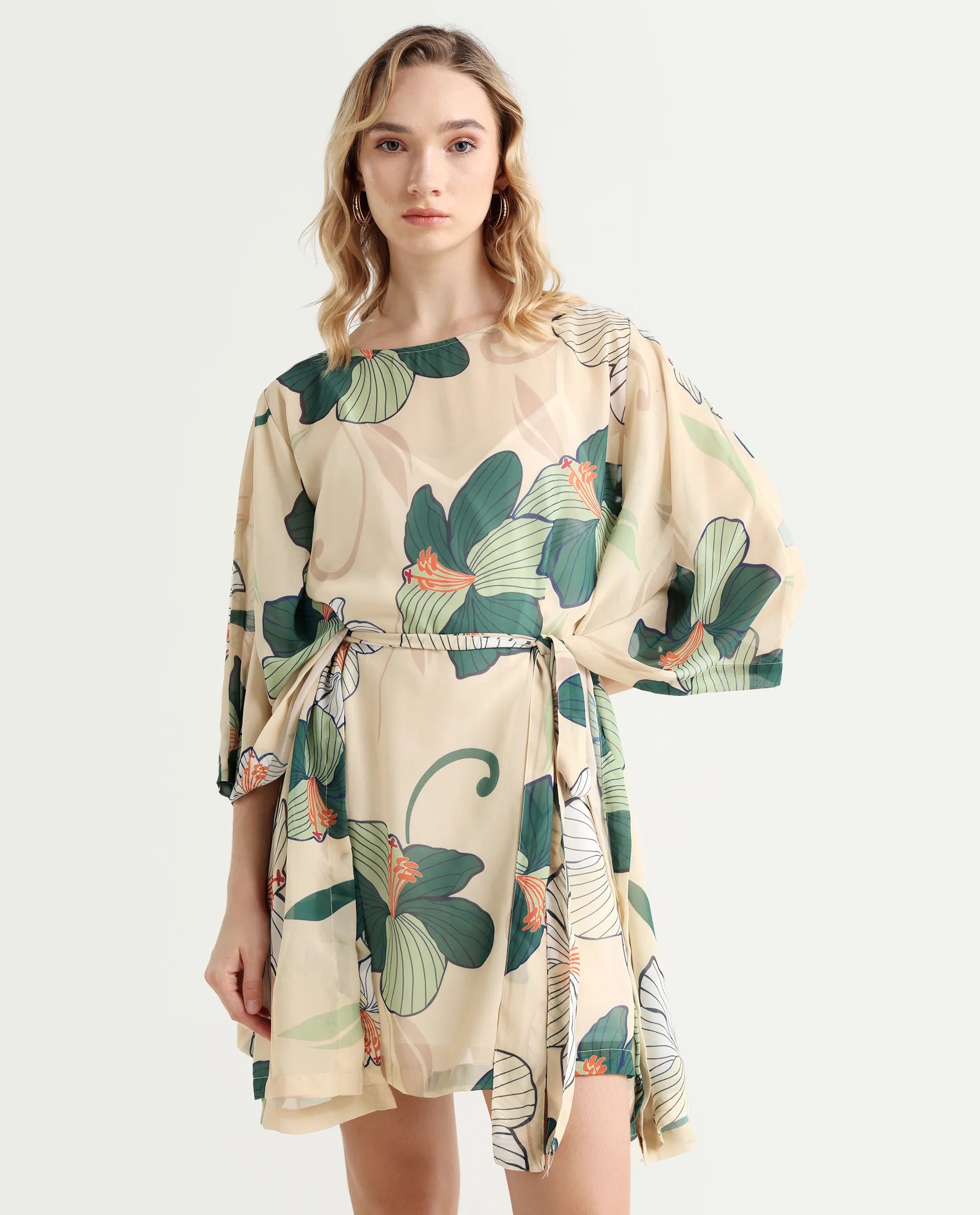 Rareism Women's Steevi Offwhite Boat Neck Abstract Print Flared Sleeve Knee Length Regular Fit Dress
