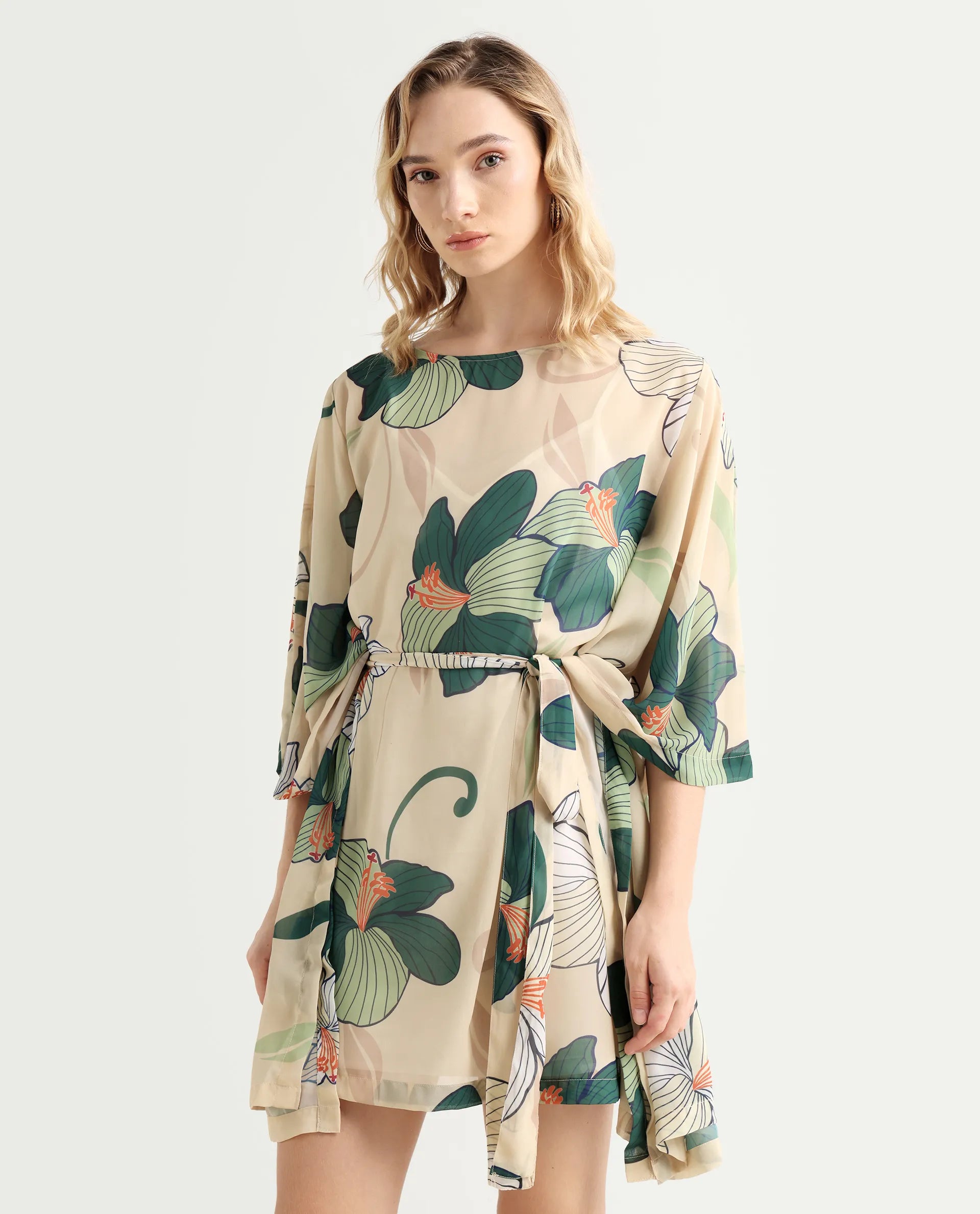 Rareism Women's Steevi Offwhite Boat Neck Abstract Print Flared Sleeve Knee Length Regular Fit Dress
