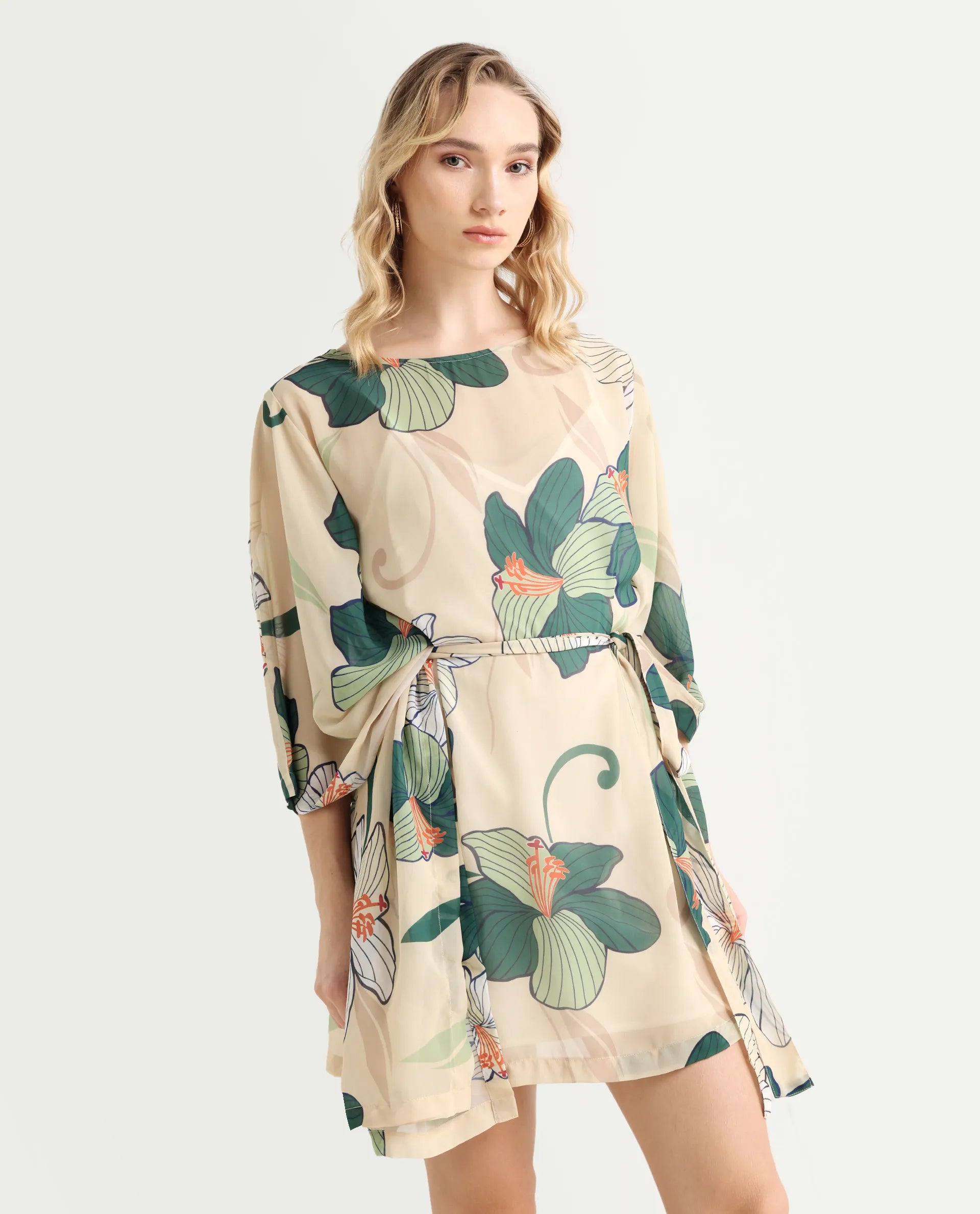 Rareism Women's Steevi Offwhite Boat Neck Abstract Print Flared Sleeve Knee Length Regular Fit Dress