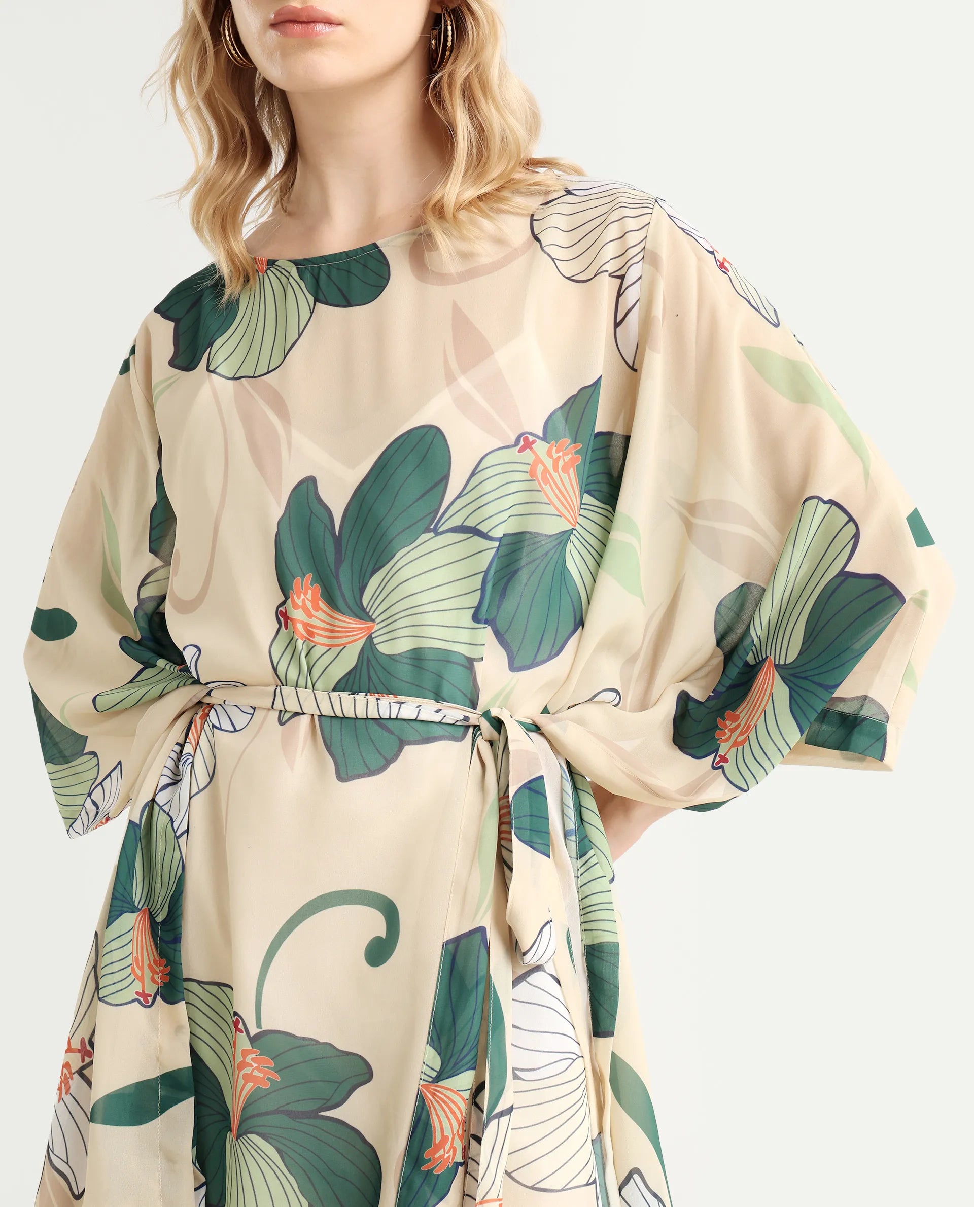 Rareism Women's Steevi Offwhite Boat Neck Abstract Print Flared Sleeve Knee Length Regular Fit Dress