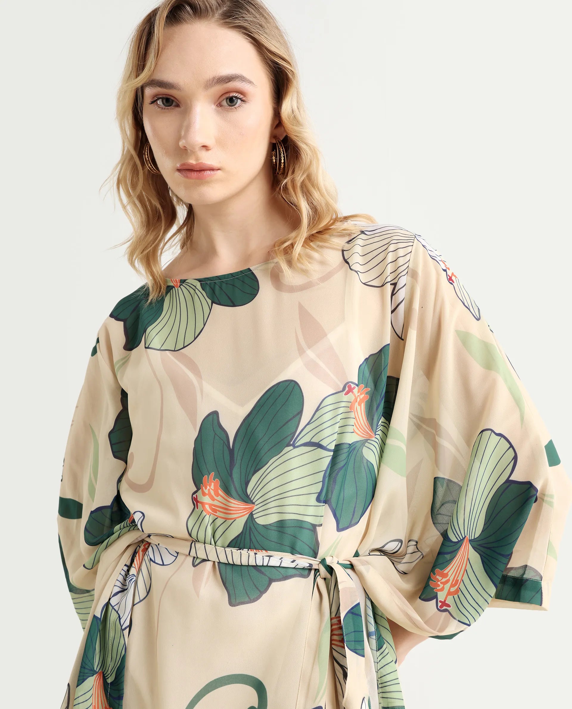 Rareism Women's Steevi Offwhite Boat Neck Abstract Print Flared Sleeve Knee Length Regular Fit Dress
