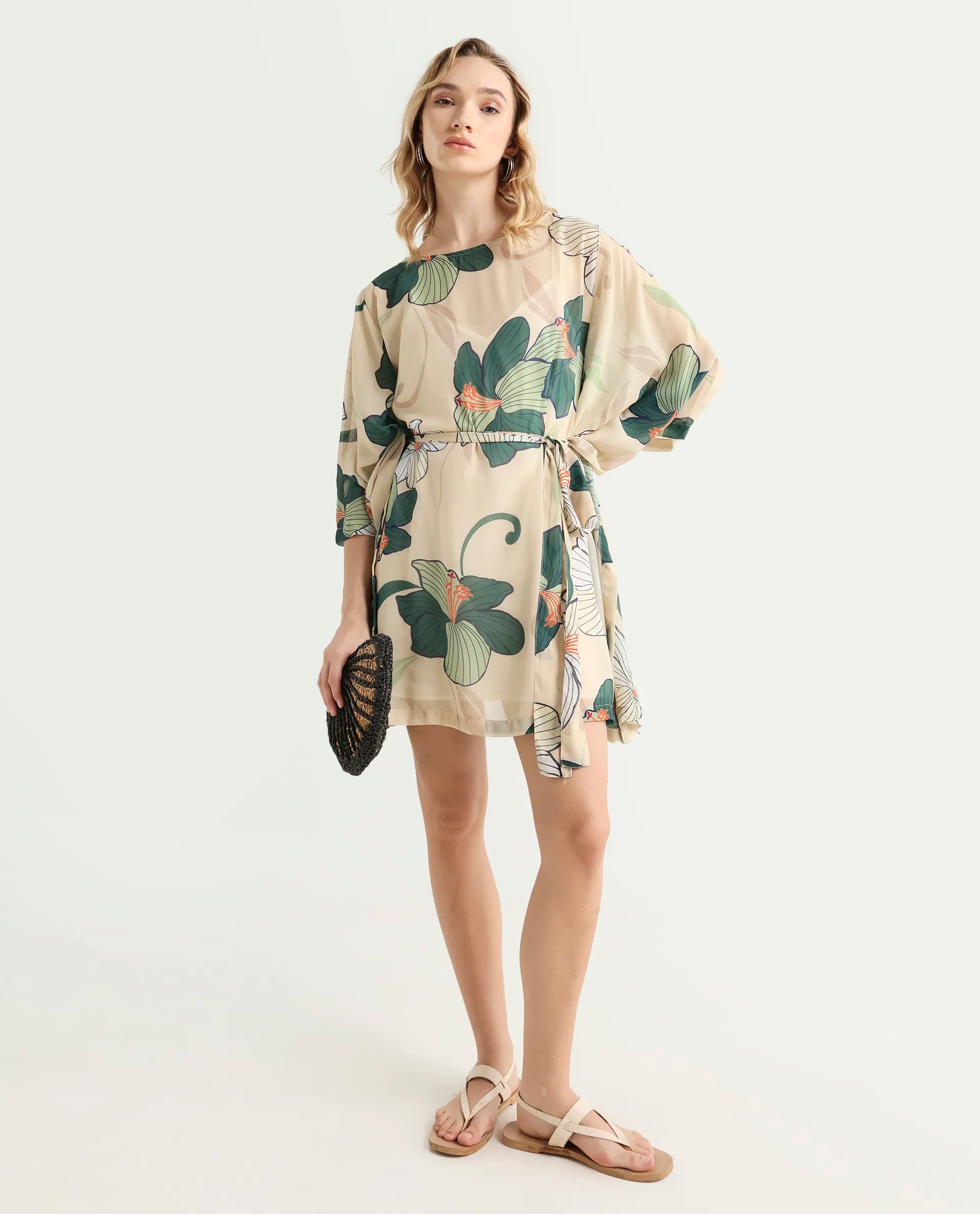 Rareism Women's Steevi Offwhite Boat Neck Abstract Print Flared Sleeve Knee Length Regular Fit Dress