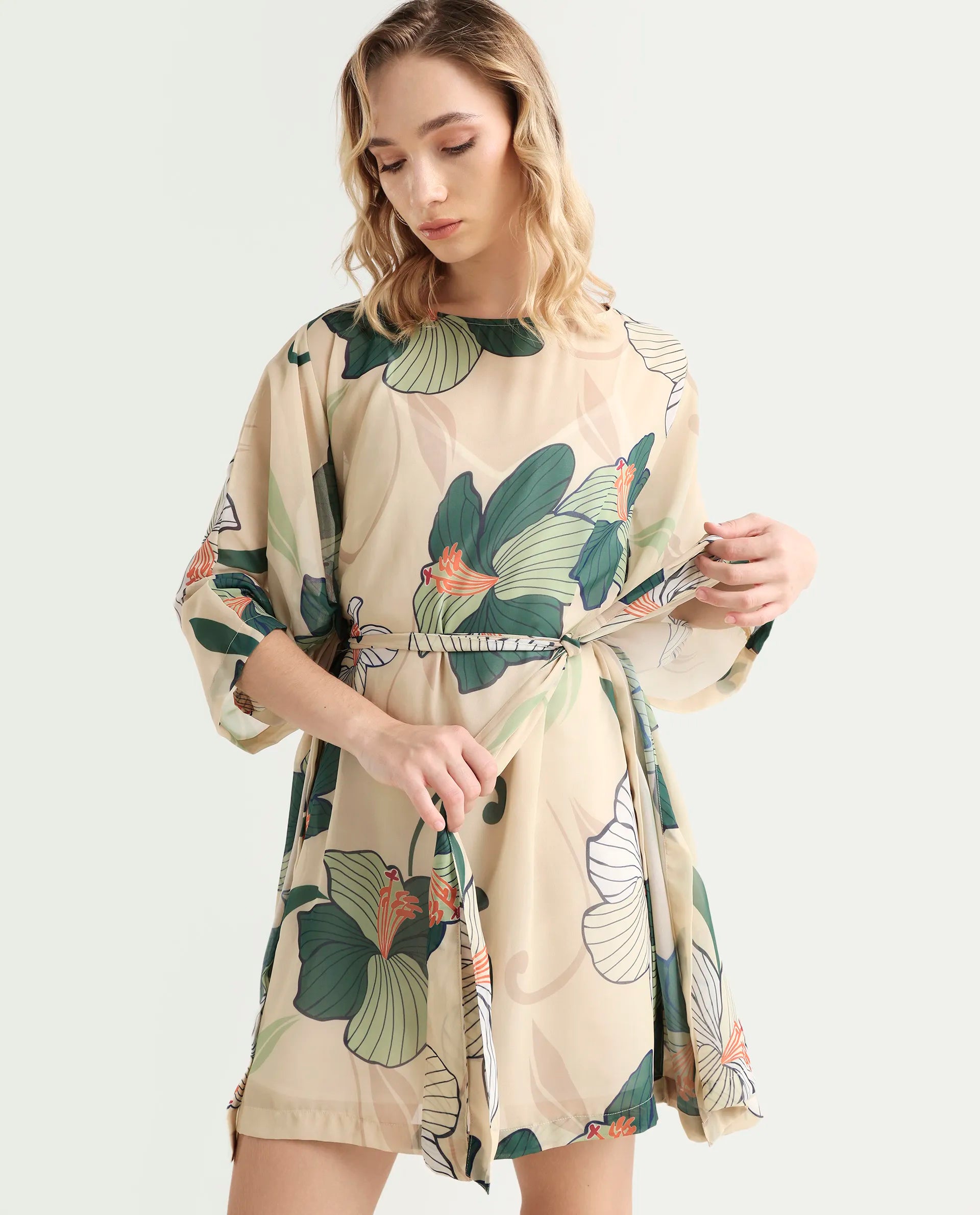 Rareism Women's Steevi Offwhite Boat Neck Abstract Print Flared Sleeve Knee Length Regular Fit Dress