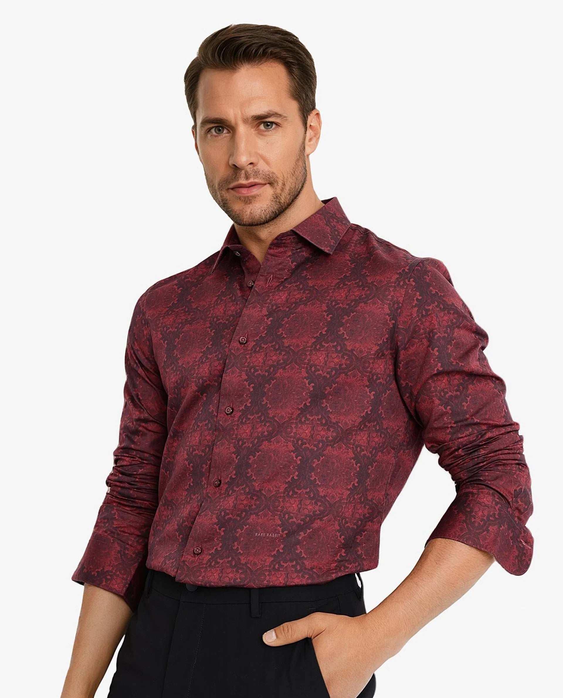 Rare Rabbit Men Steno Maroon Full Sleeve Regular Collar Button Closure Regular Fit Decorative Print Shirt