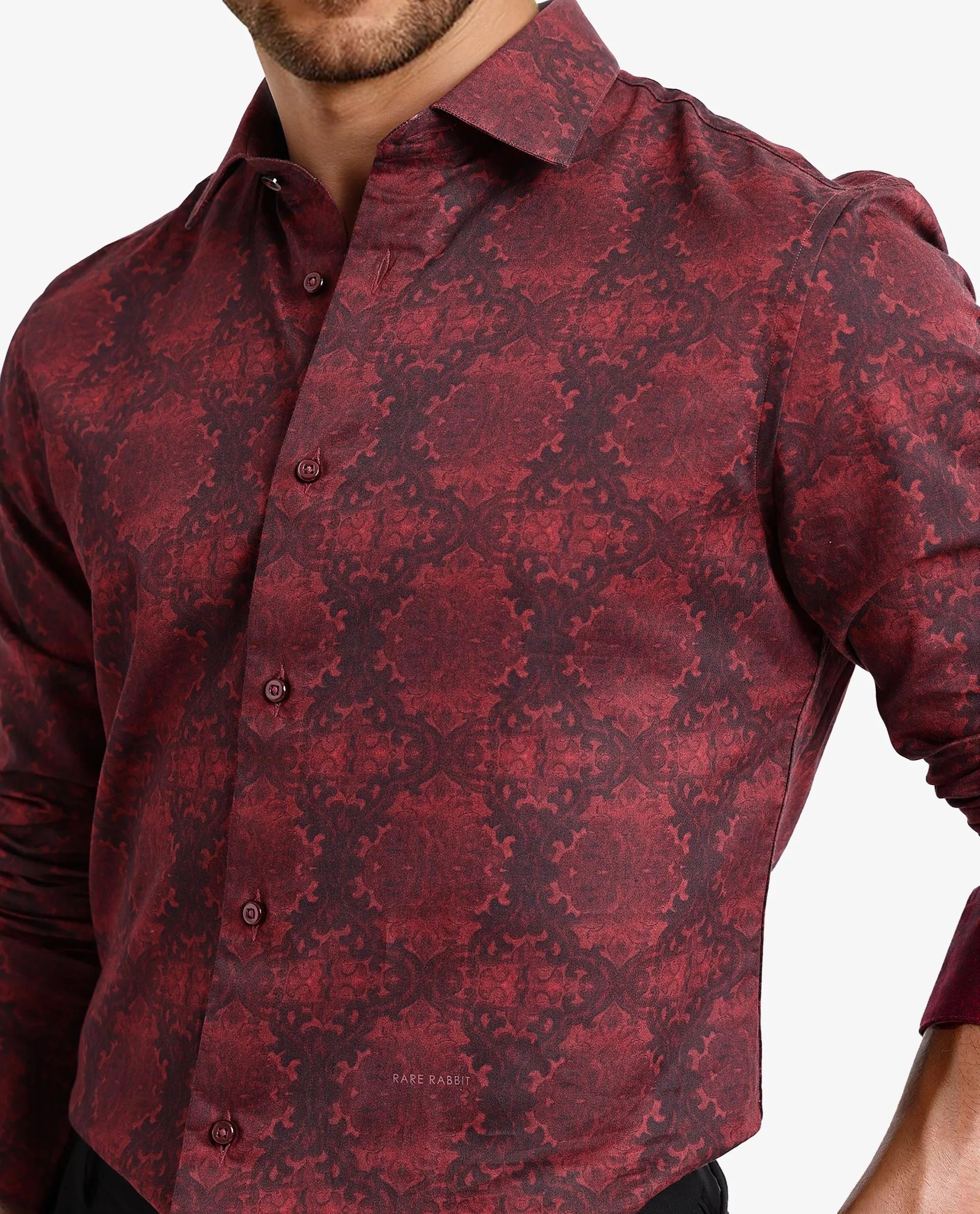 Rare Rabbit Men Steno Maroon Full Sleeve Regular Collar Button Closure Regular Fit Decorative Print Shirt
