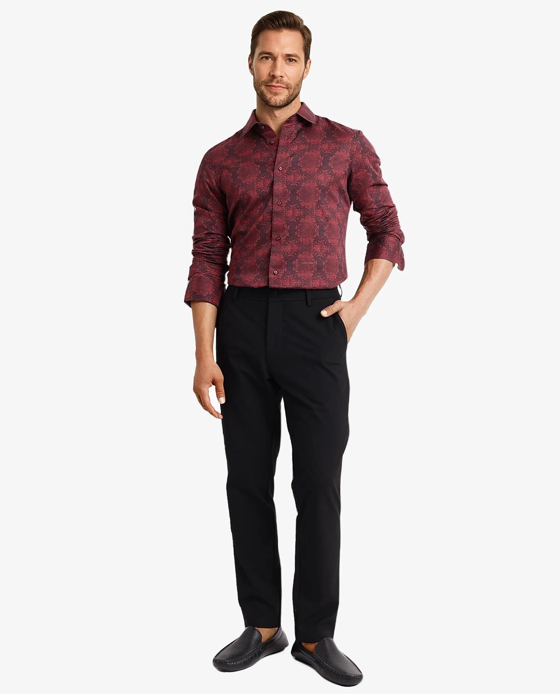 Rare Rabbit Men Steno Maroon Full Sleeve Regular Collar Button Closure Regular Fit Decorative Print Shirt