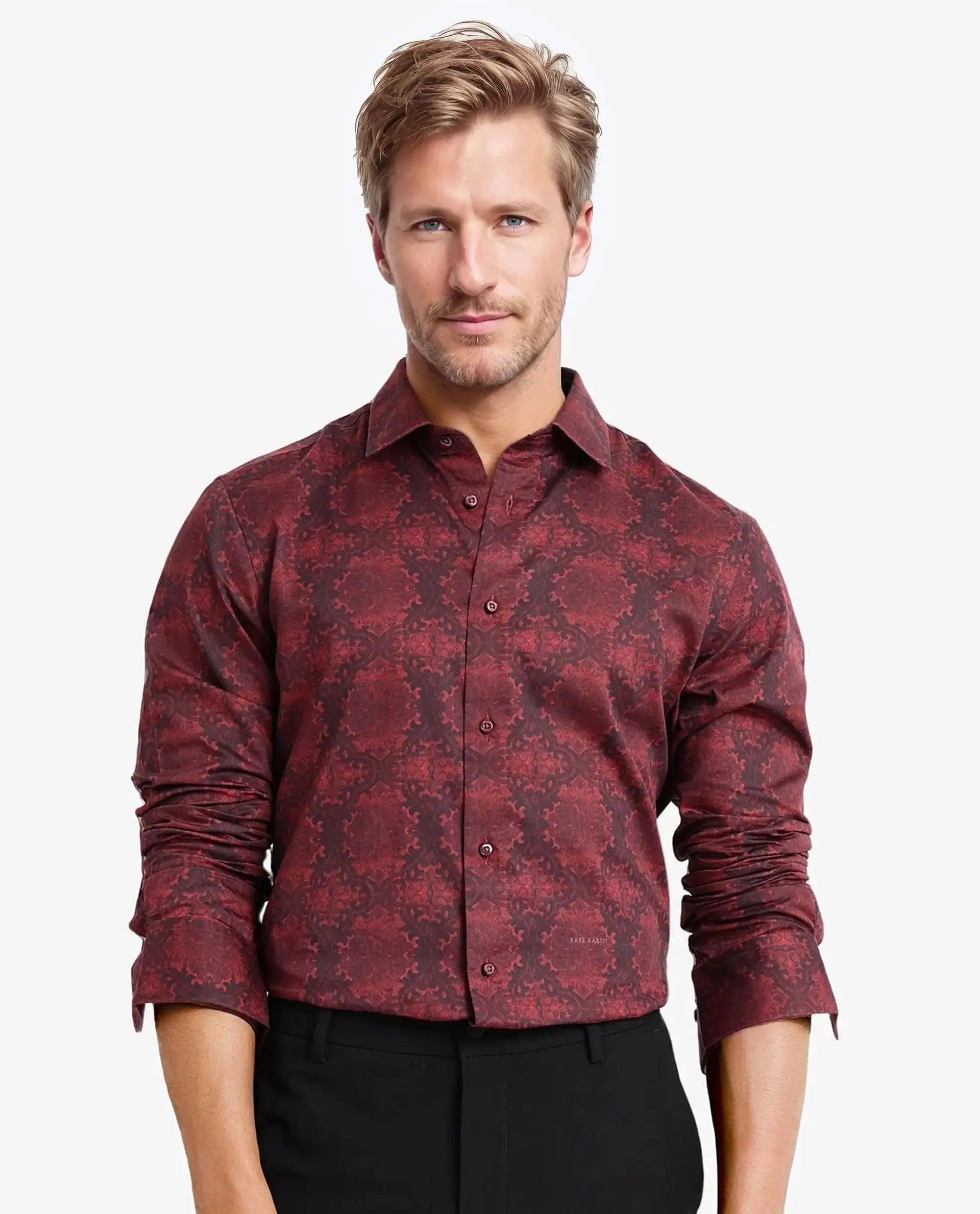 Rare Rabbit Men Steno Maroon Full Sleeve Regular Collar Button Closure Regular Fit Decorative Print Shirt