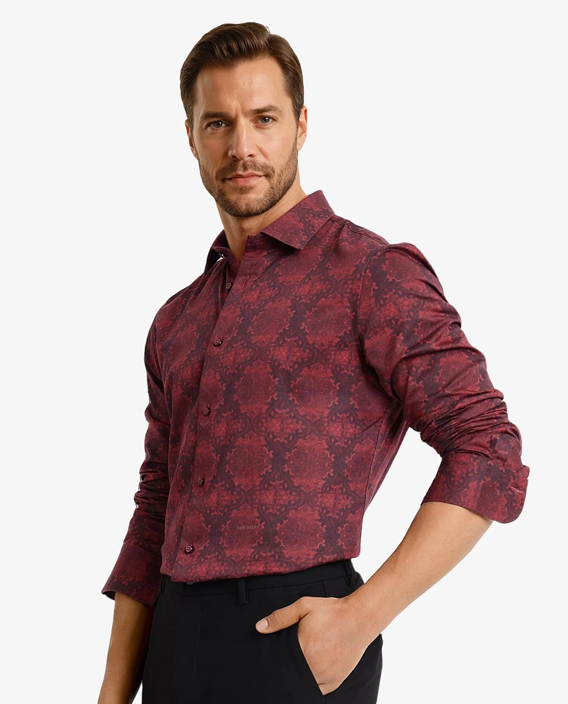 Rare Rabbit Men Steno Maroon Full Sleeve Regular Collar Button Closure Regular Fit Decorative Print Shirt