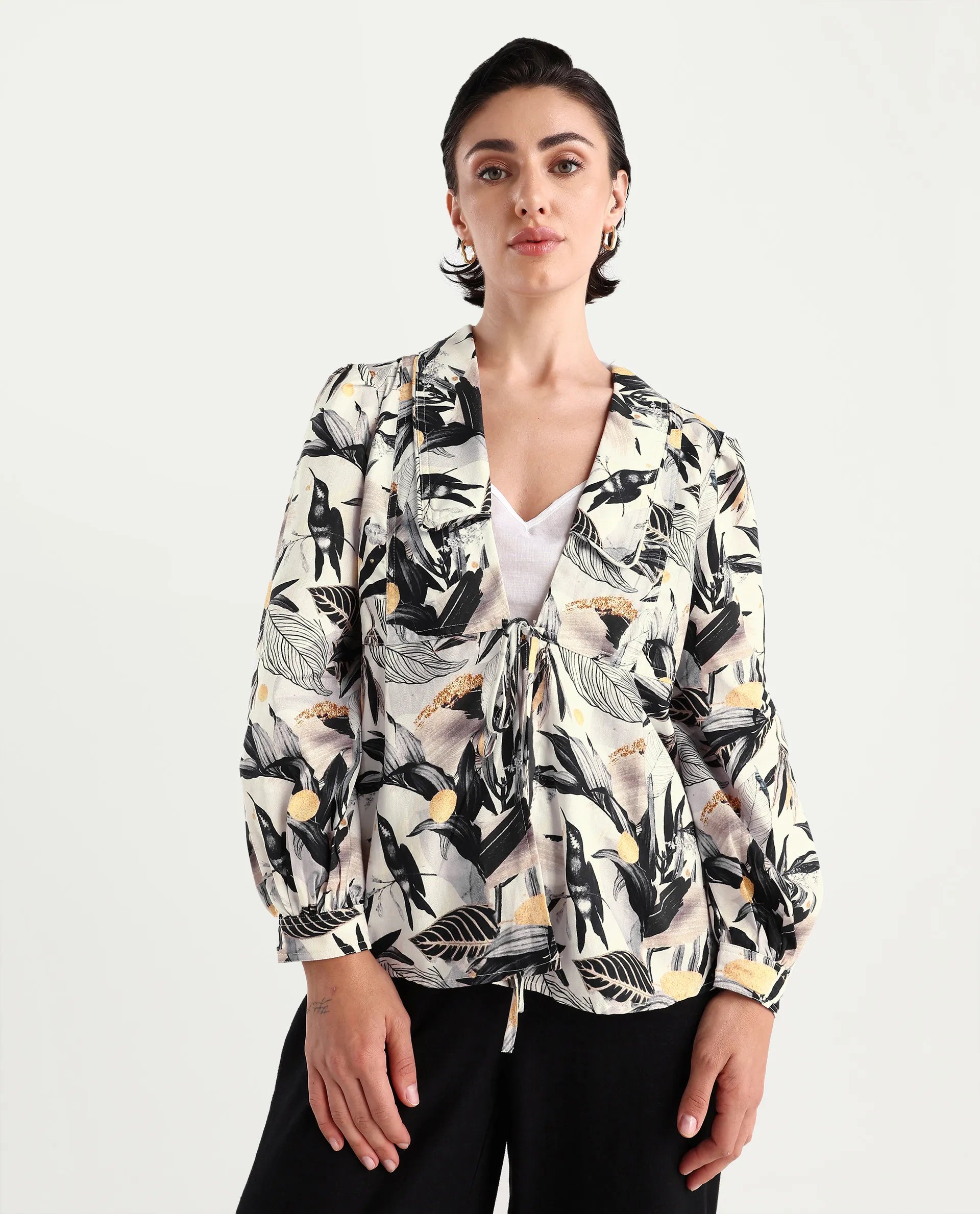 Rareism Women's Stevieo T Multi Cotton Blend Lapel Neck Tropical Print Cuffed Sleeve Regular Fit Top