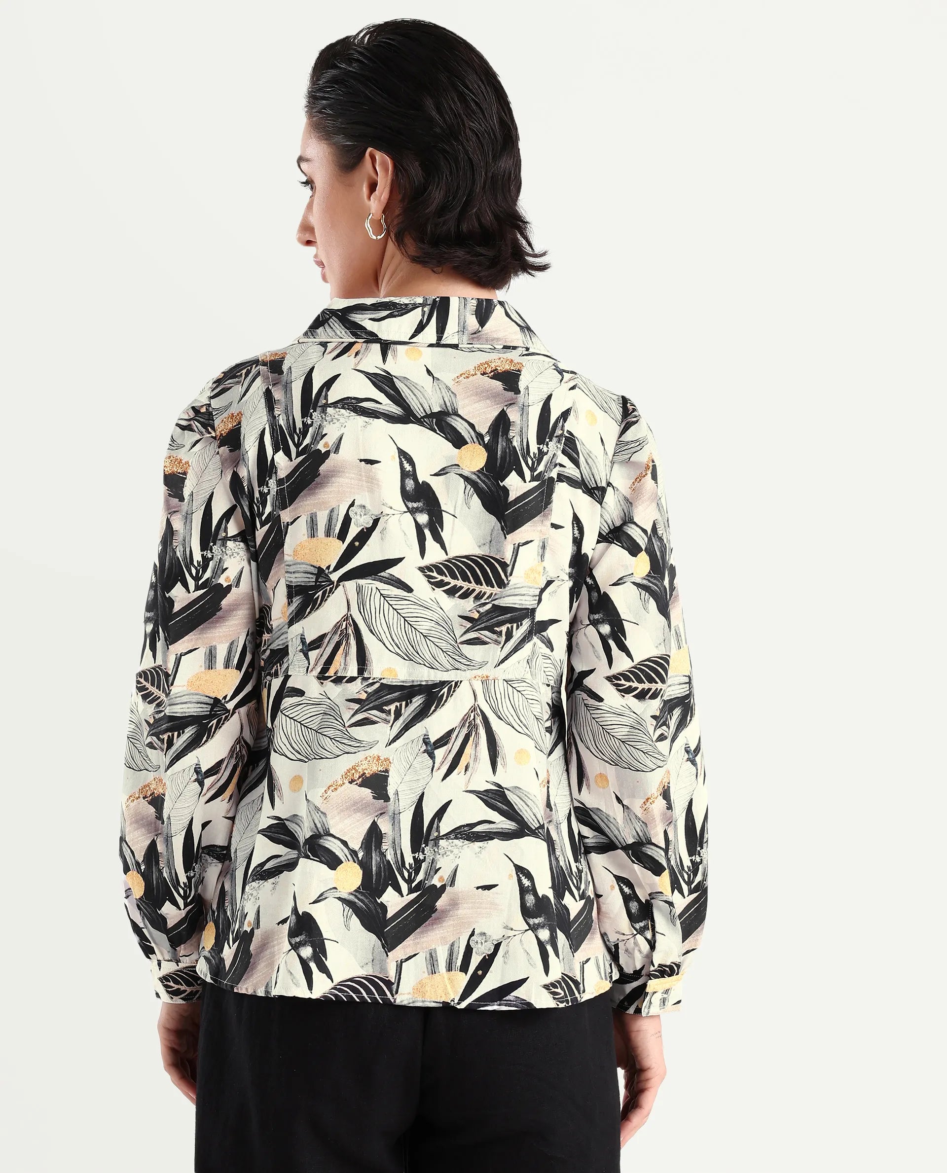 Rareism Women's Stevieo T Multi Cotton Blend Lapel Neck Tropical Print Cuffed Sleeve Regular Fit Top