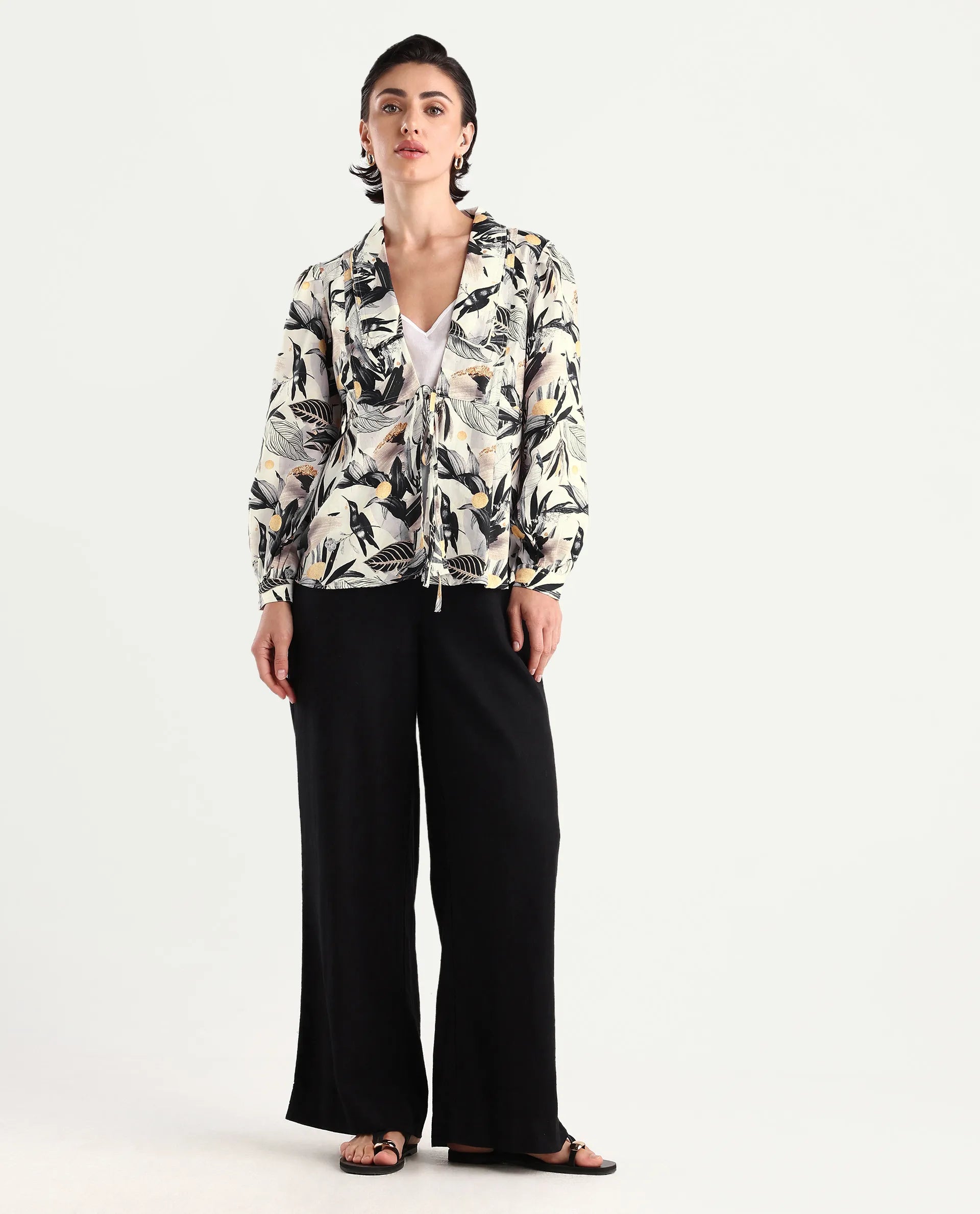 Rareism Women's Stevieo T Multi Cotton Blend Lapel Neck Tropical Print Cuffed Sleeve Regular Fit Top