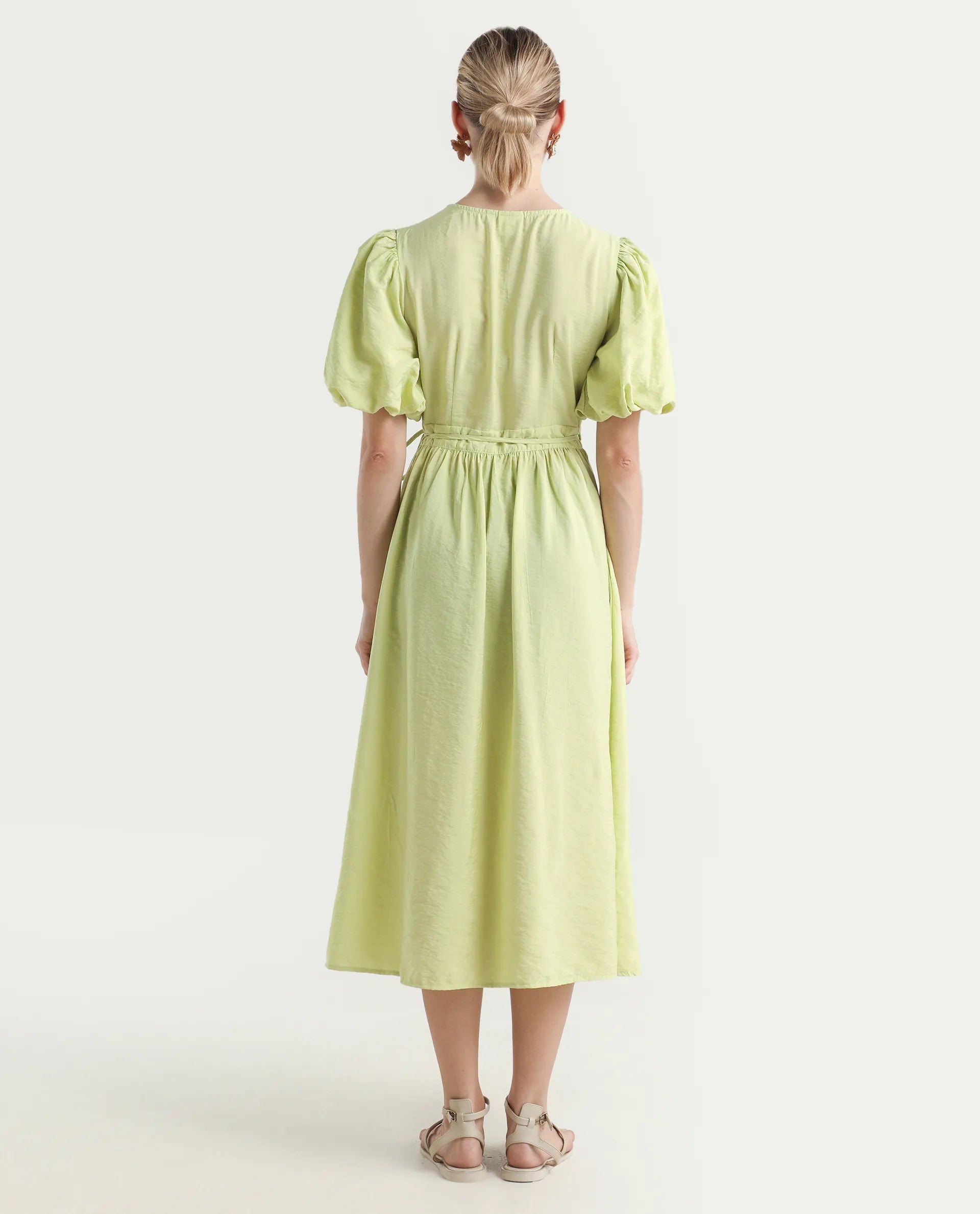 Rareism Women's Stewart Light Green Nylon Blend Overlap Neck Plain Balloon Sleeve Maxi Fit And Flare Dress