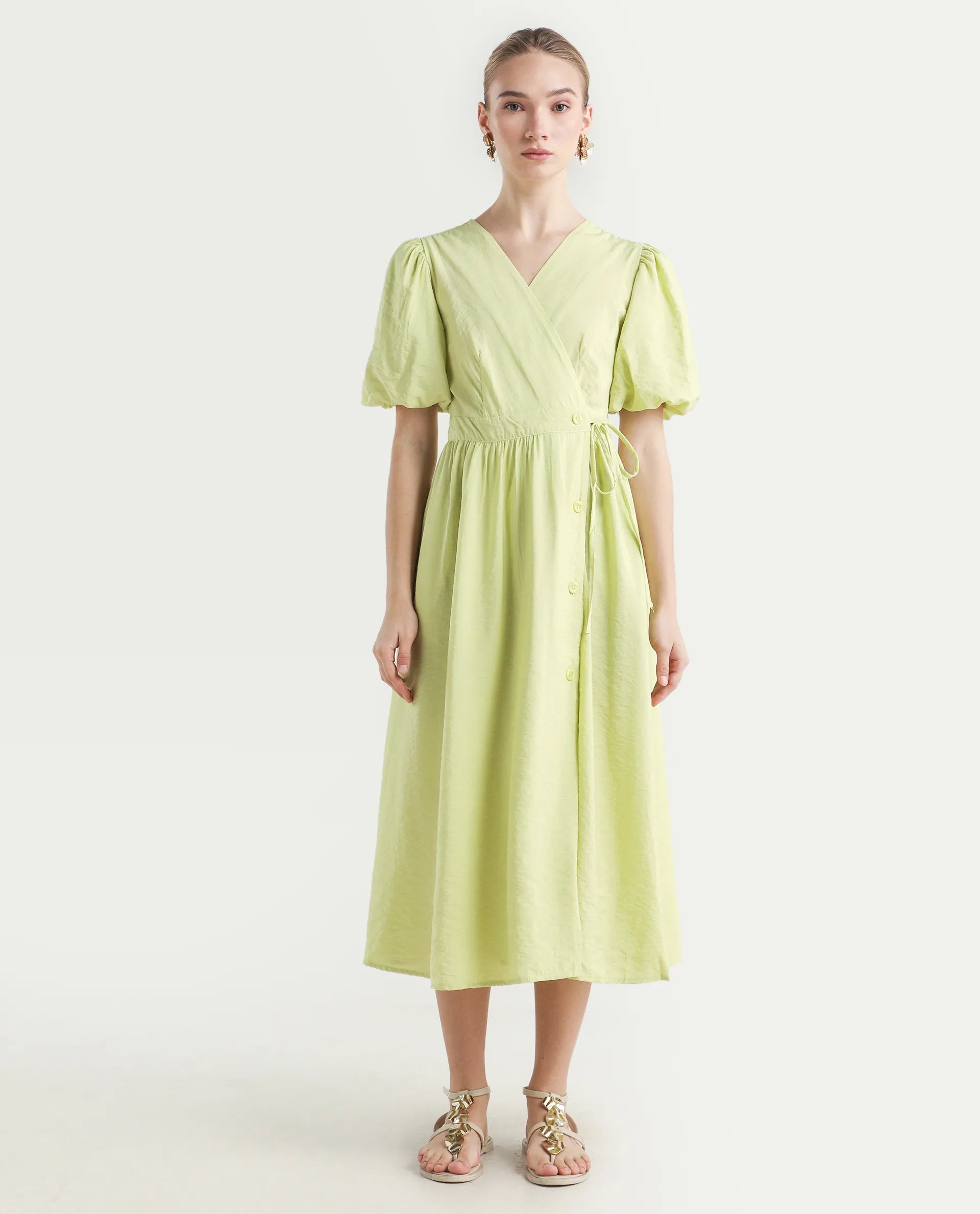 Rareism Women's Stewart Light Green Nylon Blend Overlap Neck Plain Balloon Sleeve Maxi Fit And Flare Dress