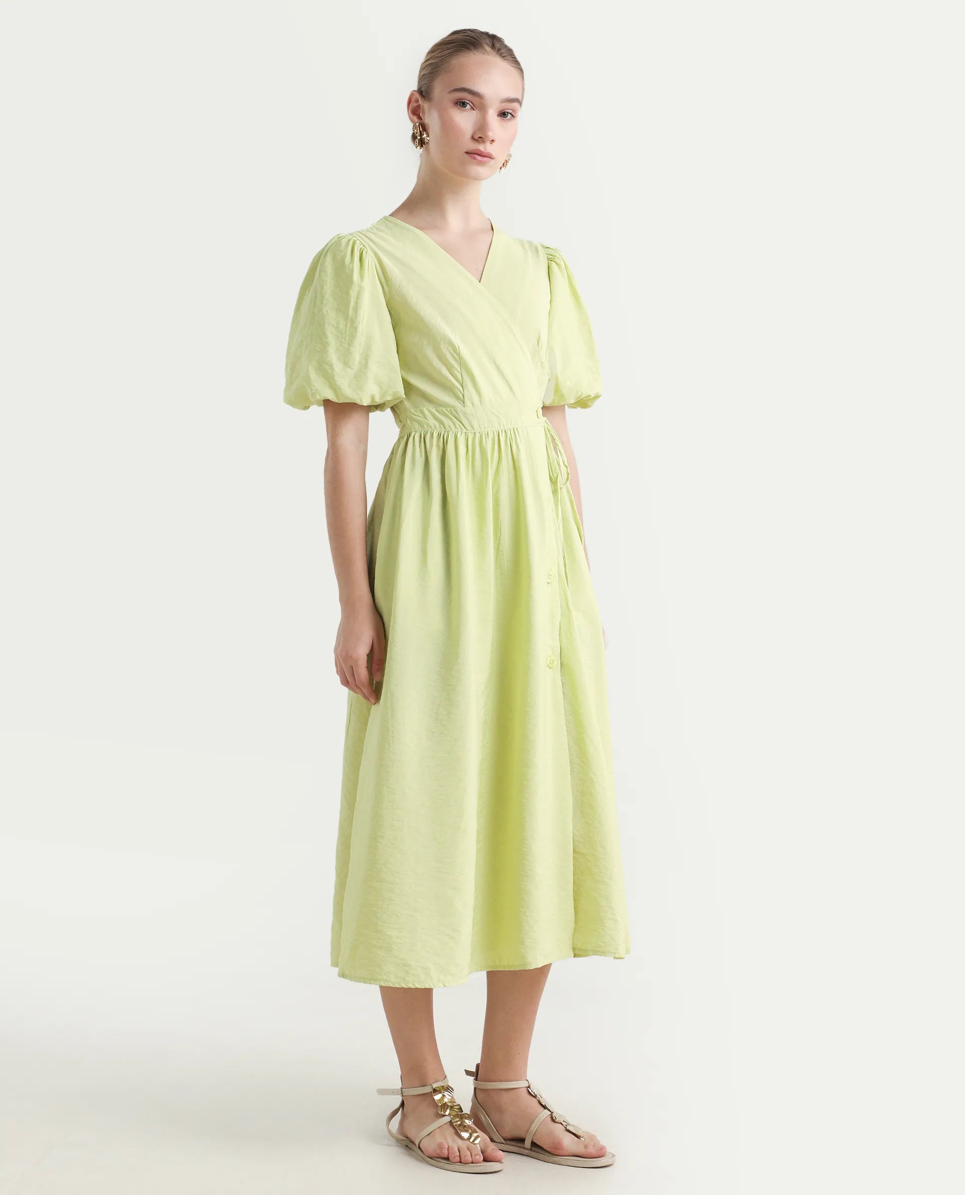 Rareism Women's Stewart Light Green Nylon Blend Overlap Neck Plain Balloon Sleeve Maxi Fit And Flare Dress