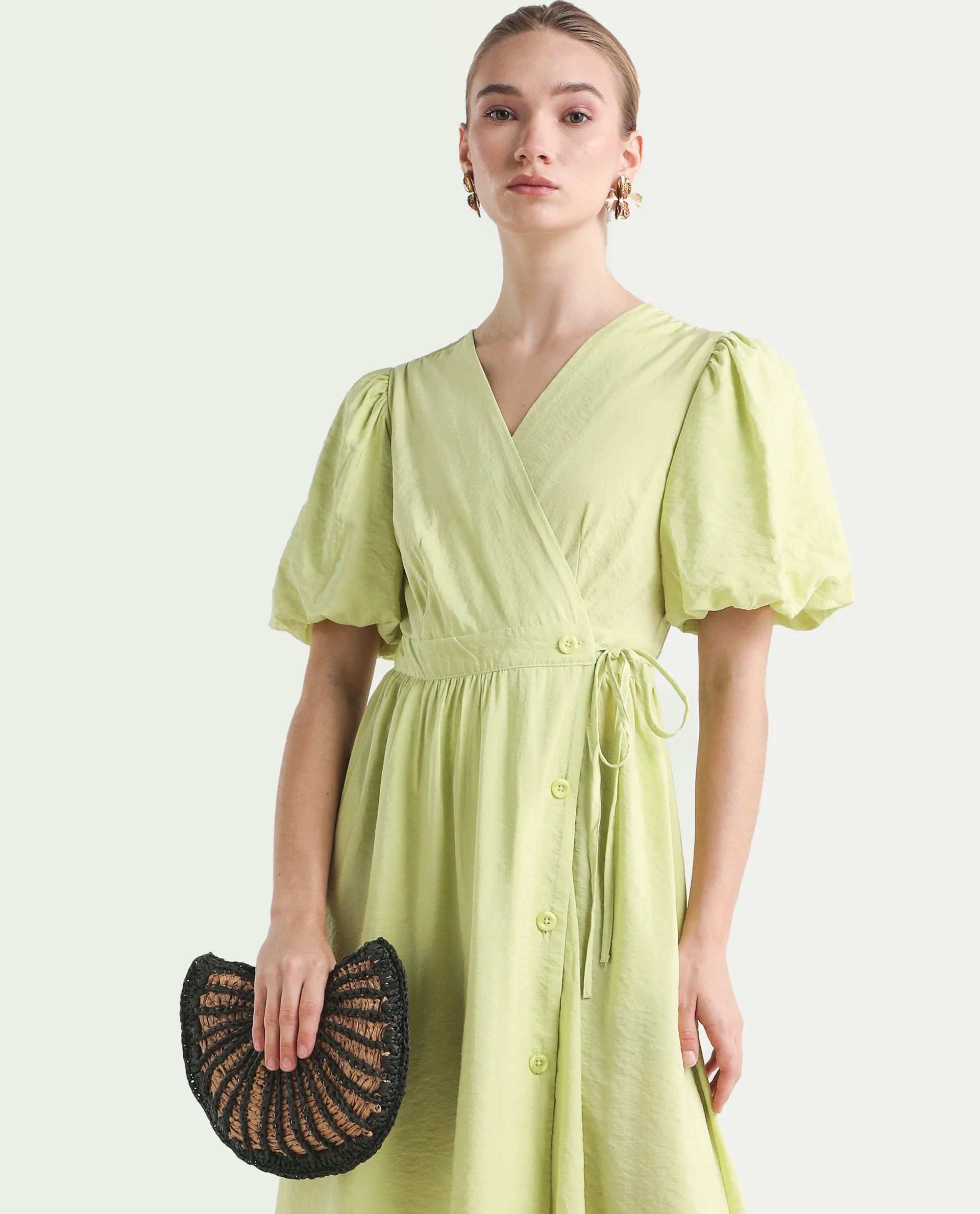Rareism Women's Stewart Light Green Nylon Blend Overlap Neck Plain Balloon Sleeve Maxi Fit And Flare Dress