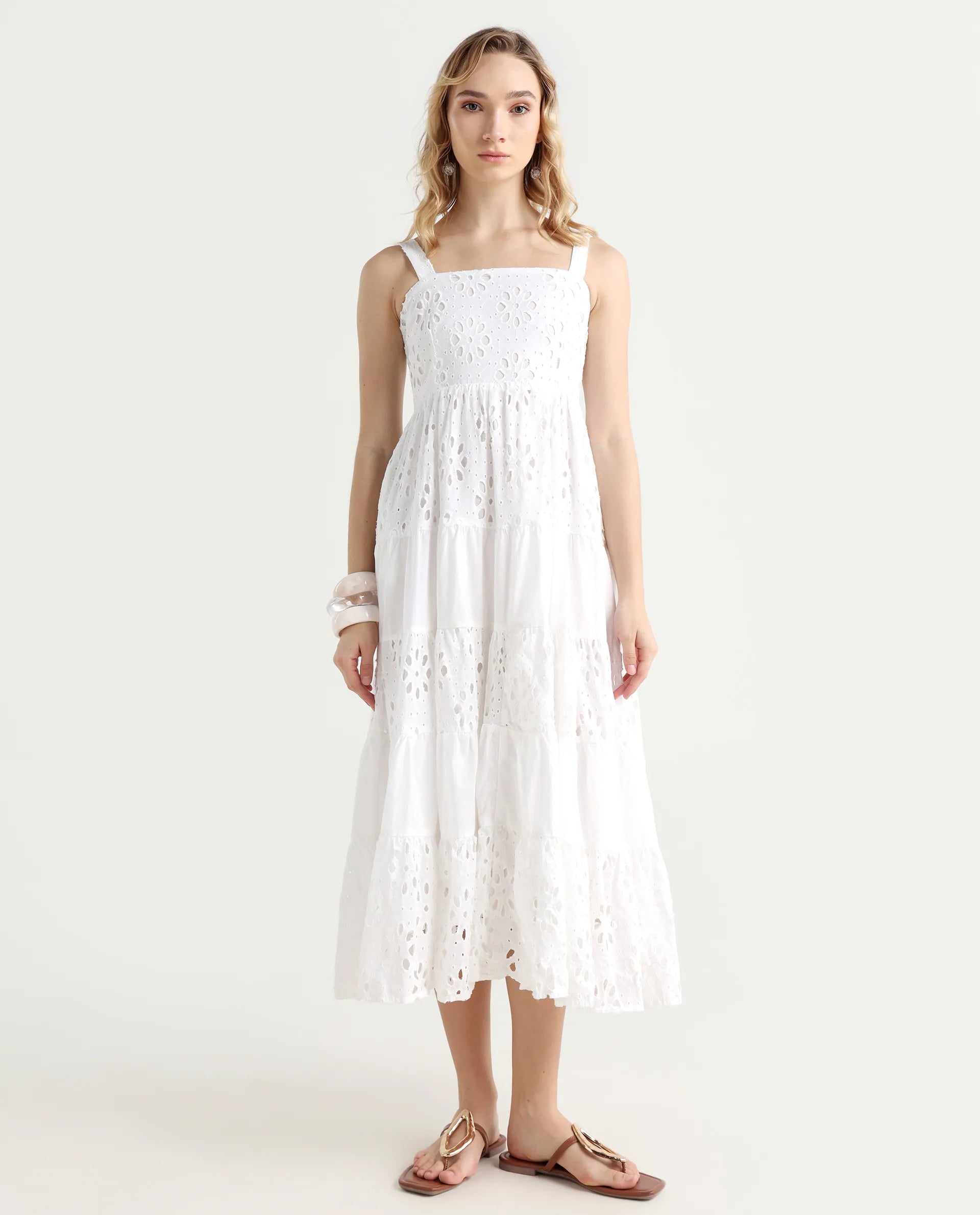 Rareism Women's Stiletus White Cotton Shoulder Strap Plain Shoulder Strap Maxi Fit And Flare Dress