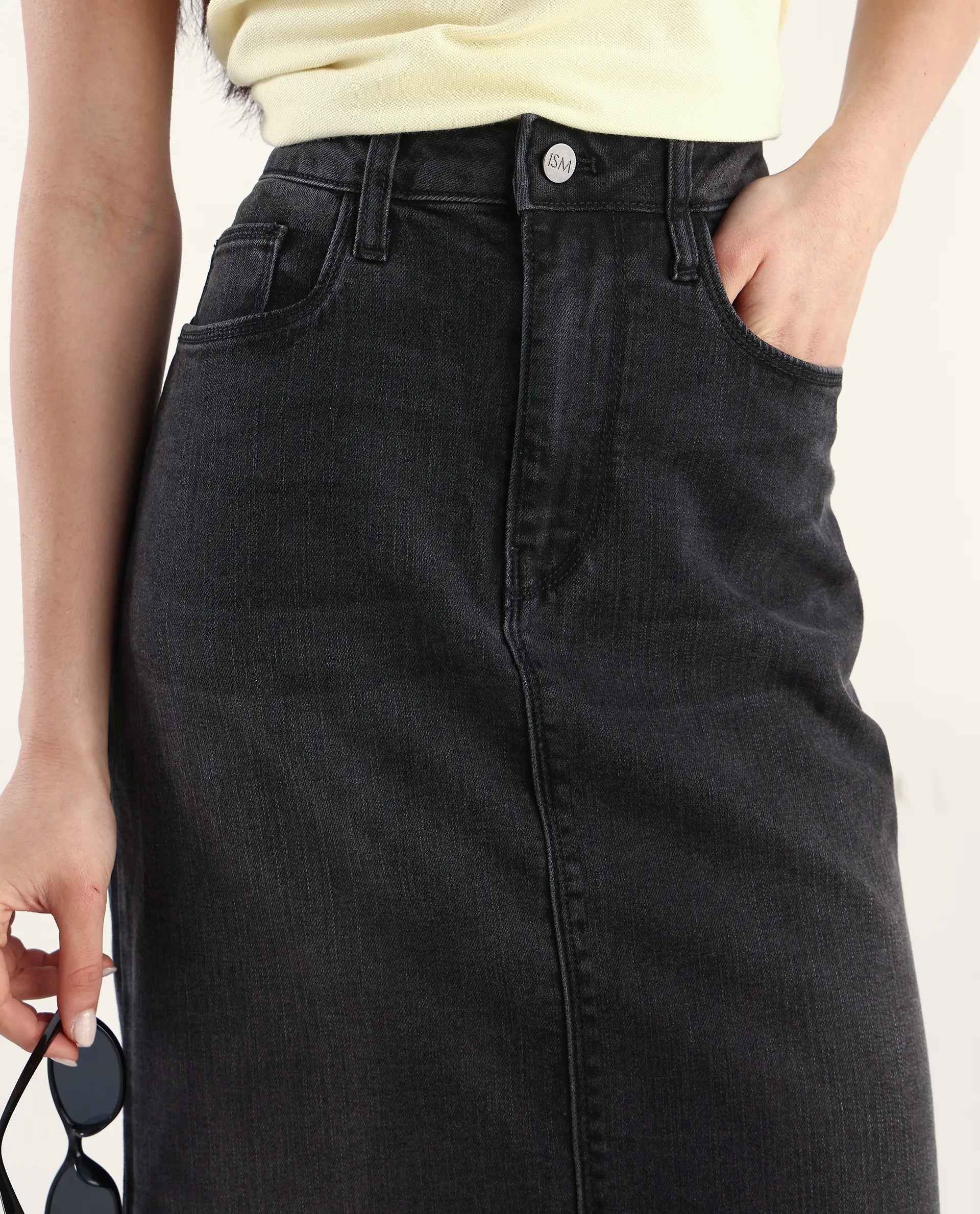 Rareism Women's Stinger Black Cotton Blend Plain Maxi Flared Skirt