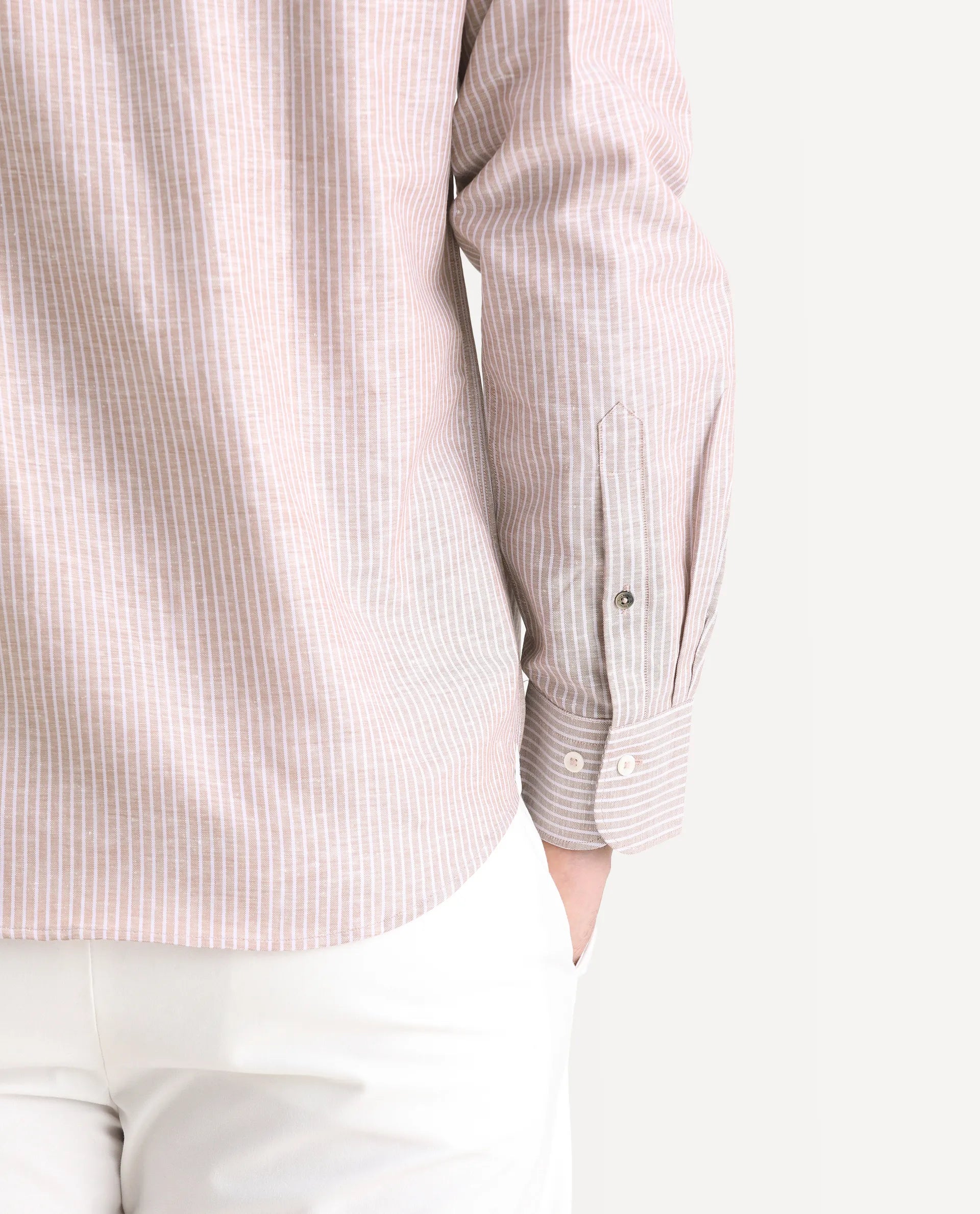 Rare Rabbit Men's Stoll Dusky Pink Linen Blend Striped Print Regular Fit Full Sleeve Collared Shirt