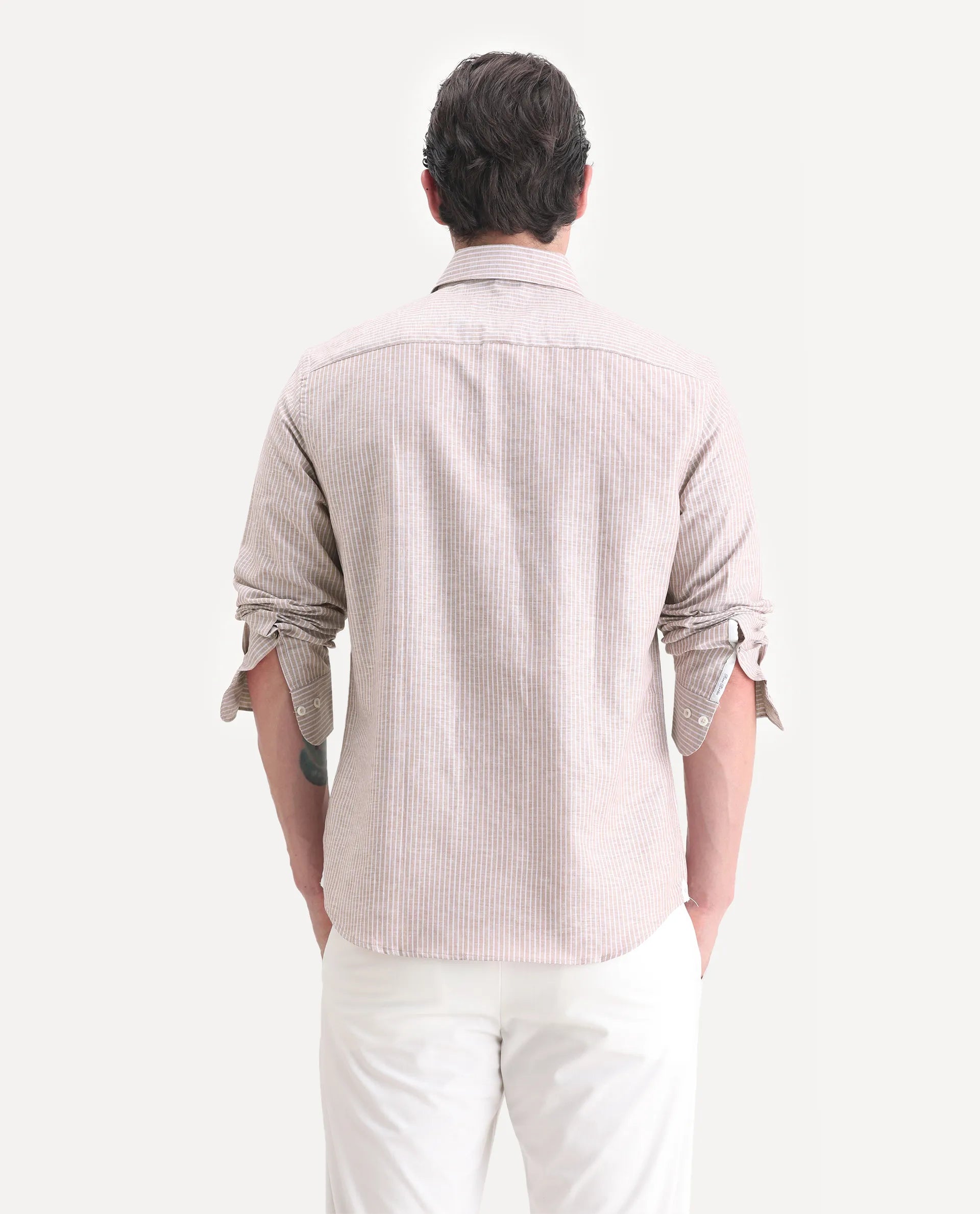 Rare Rabbit Men's Stoll Dusky Pink Linen Blend Striped Print Regular Fit Full Sleeve Collared Shirt