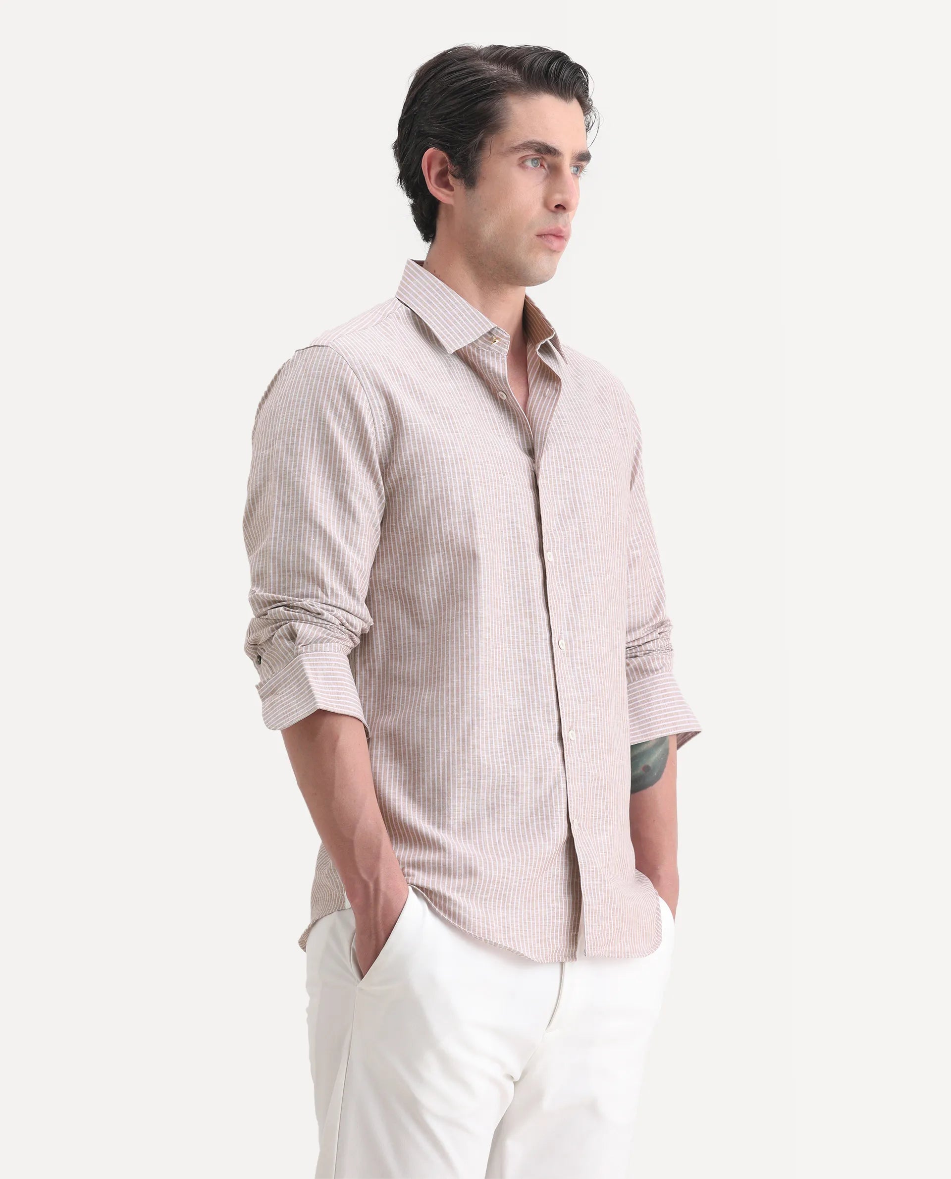 Rare Rabbit Men's Stoll Dusky Pink Linen Blend Striped Print Regular Fit Full Sleeve Collared Shirt