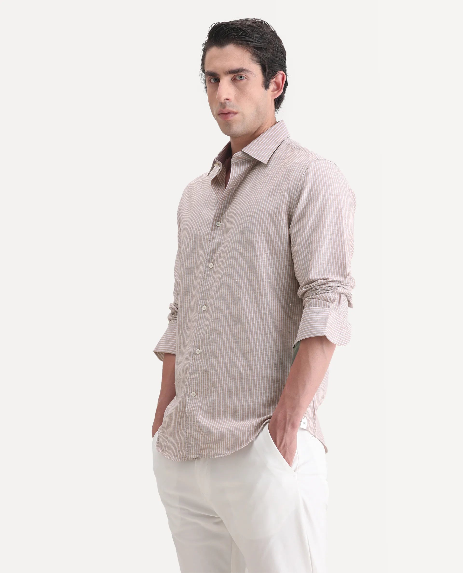 Rare Rabbit Men's Stoll Dusky Pink Linen Blend Striped Print Regular Fit Full Sleeve Collared Shirt