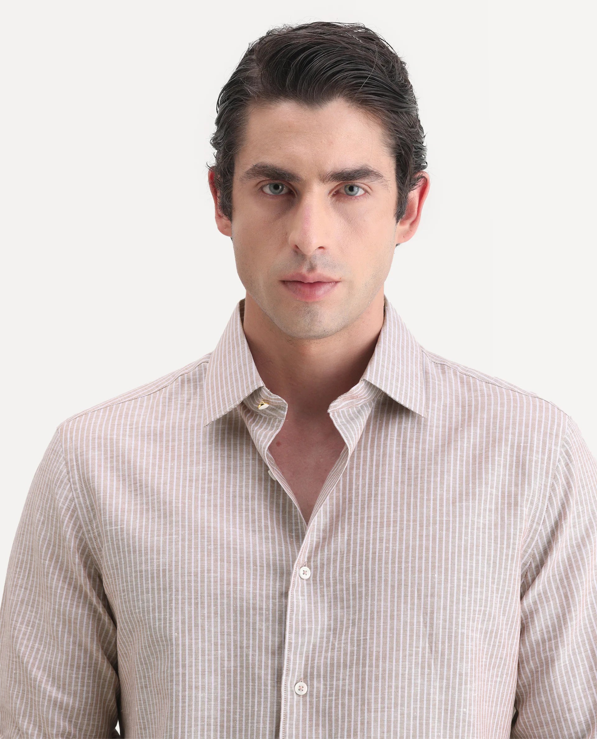 Rare Rabbit Men's Stoll Dusky Pink Linen Blend Striped Print Regular Fit Full Sleeve Collared Shirt