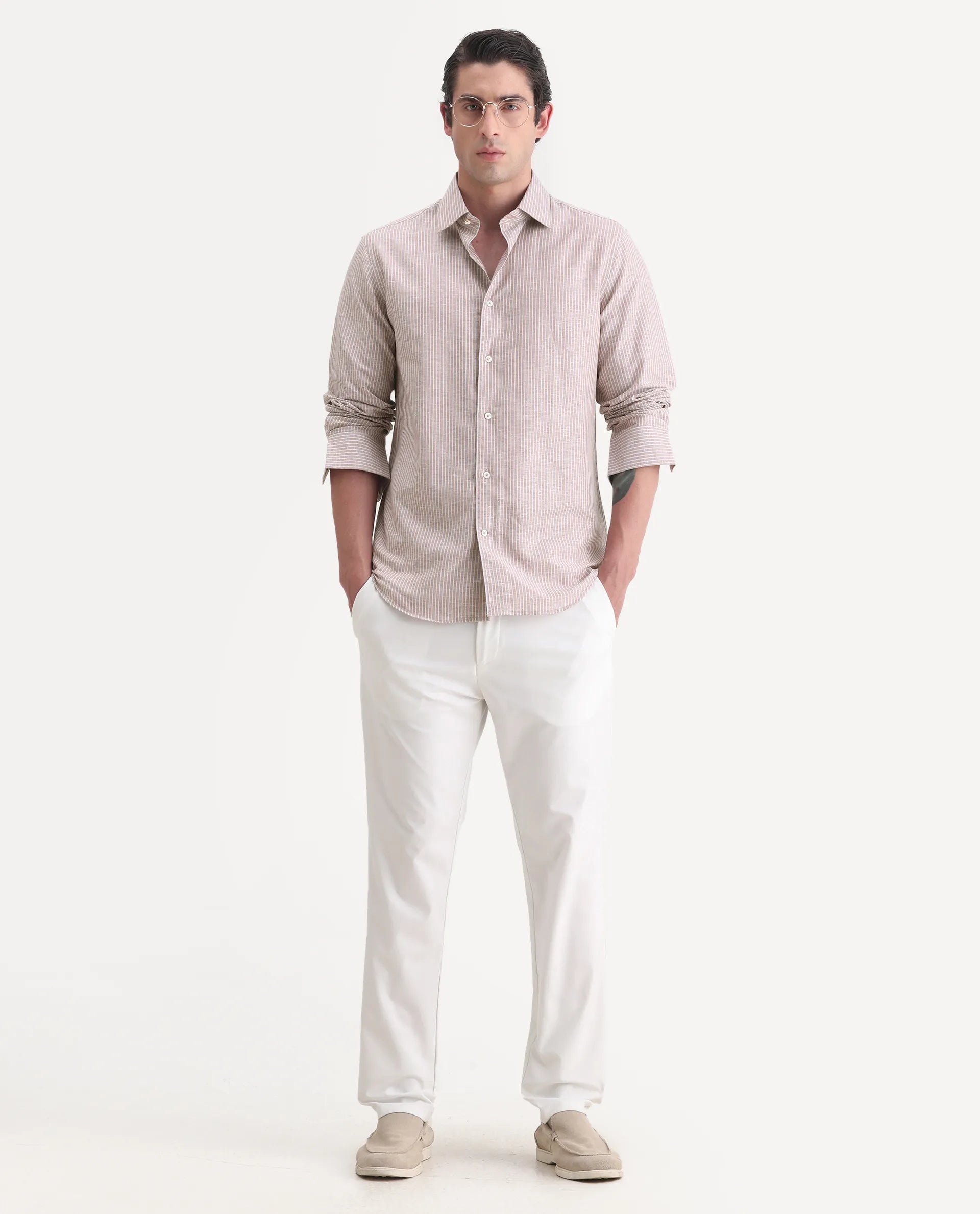 Rare Rabbit Men's Stoll Dusky Pink Linen Blend Striped Print Regular Fit Full Sleeve Collared Shirt