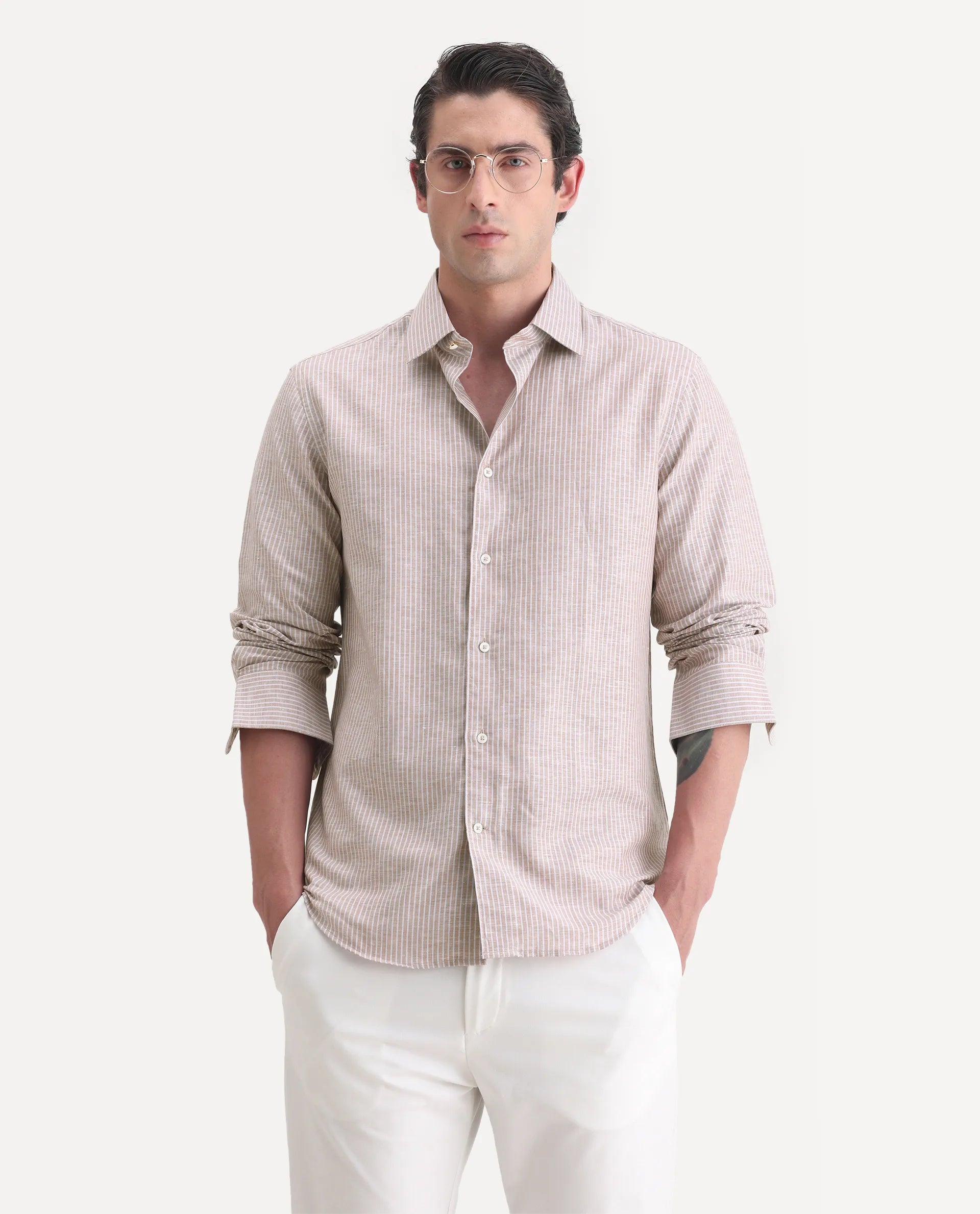 Rare Rabbit Men's Stoll Dusky Pink Linen Blend Striped Print Regular Fit Full Sleeve Collared Shirt