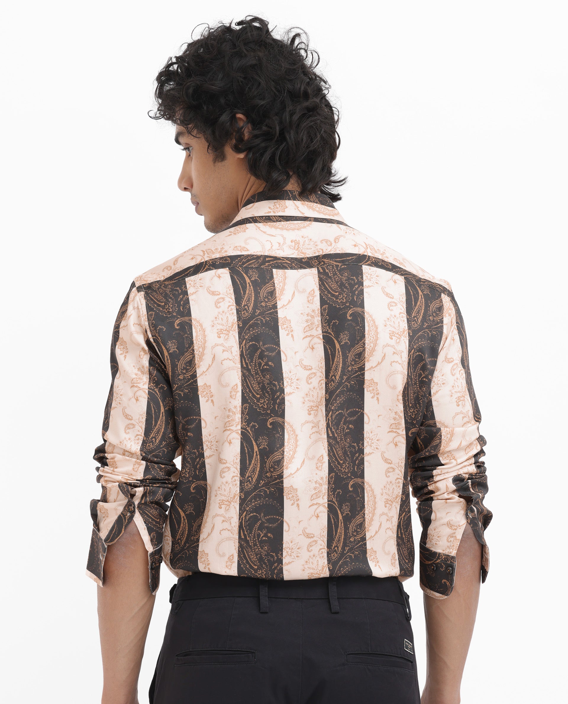 Rare Rabbit Men's Faben Beige Viscose Fabric Full Sleeves Paisley Stripe Print Shirt