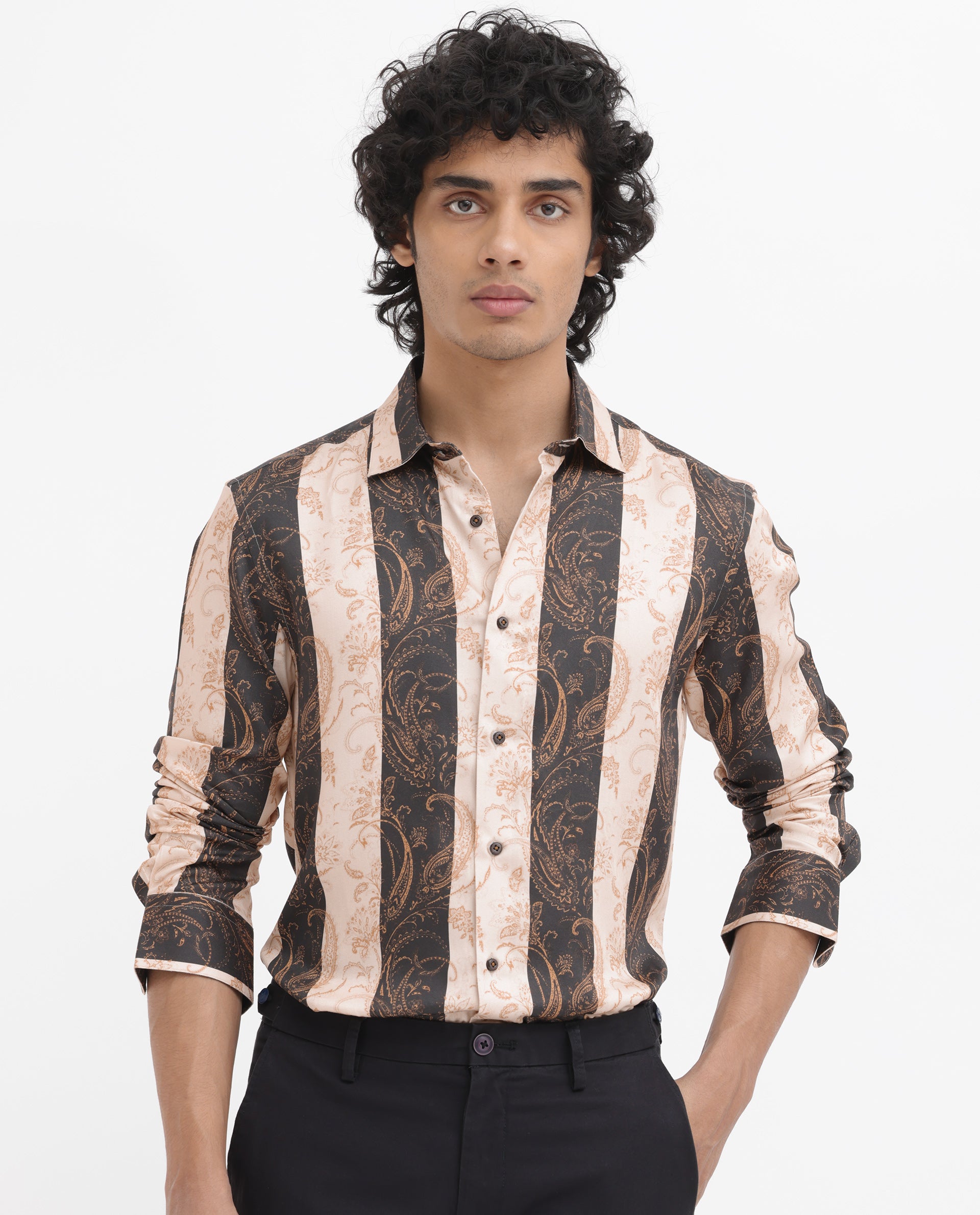 Rare Rabbit Men's Faben Beige Viscose Fabric Full Sleeves Paisley Stripe Print Shirt