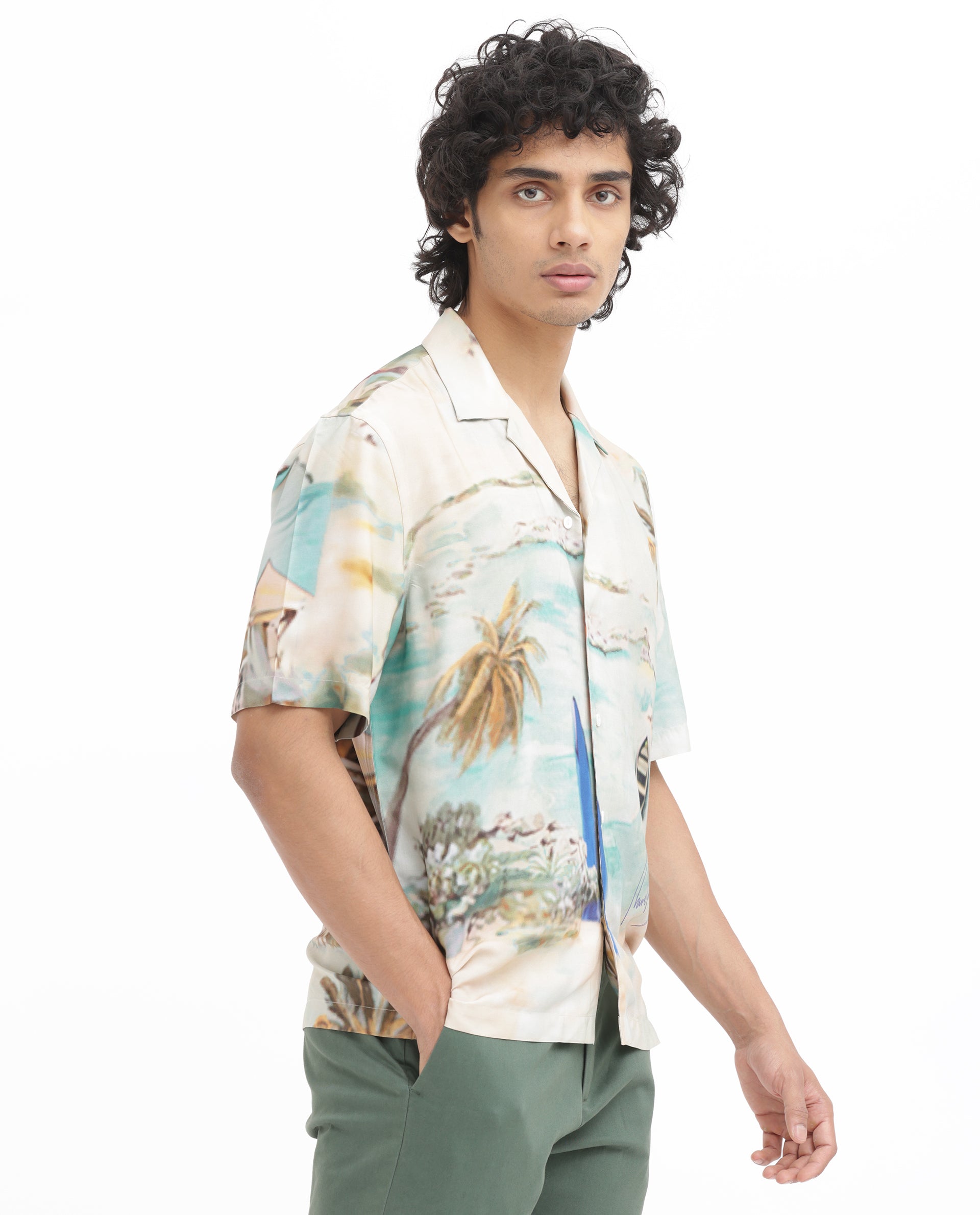 Rare Rabbit Men's Surfer Beige Viscose Fabric Cuban Collar Half Sleeves Boxy Fit Tropical Print Shirt