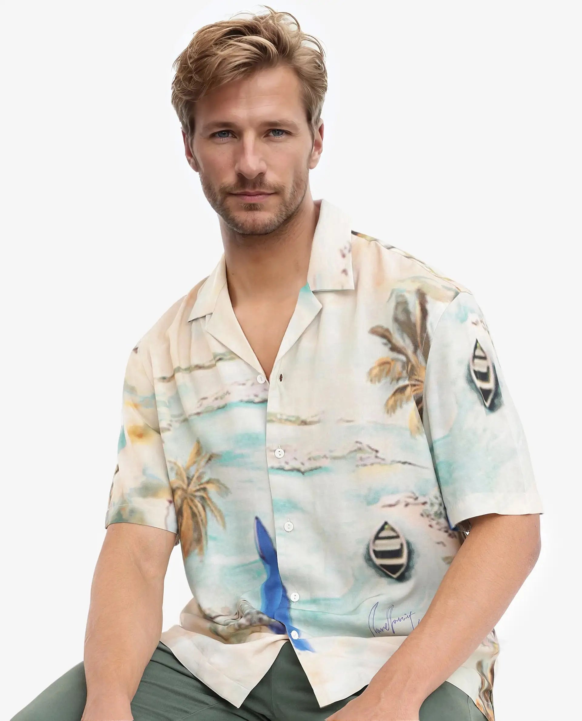 Rare Rabbit Men's Surfer Beige Viscose Fabric Cuban Collar Half Sleeves Boxy Fit Tropical Print Shirt
