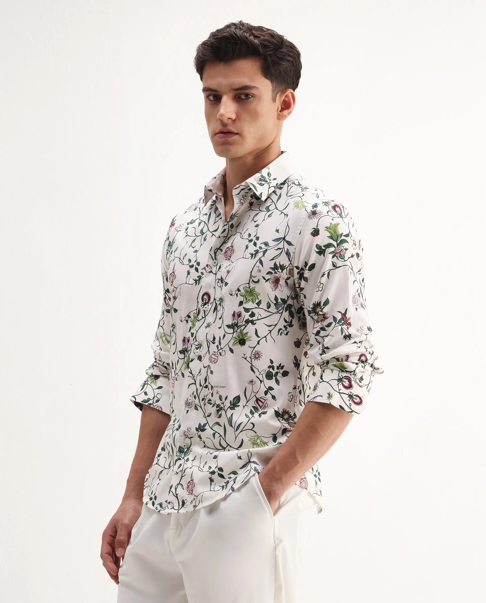 Rare Rabbit Men's Surn Off White Cotton Tropical Print Regular Fit Full Sleeve Collared Shirt
