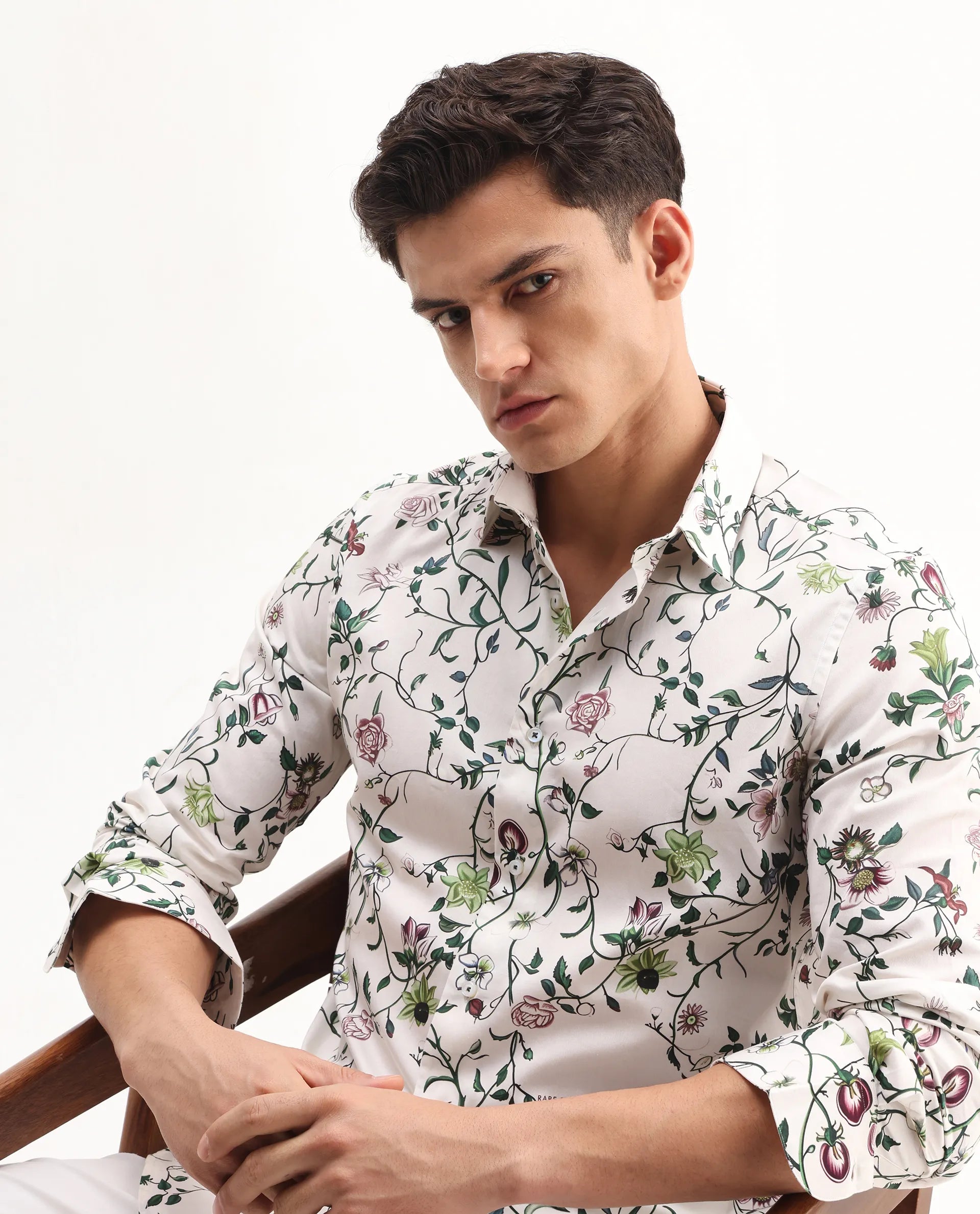 Rare Rabbit Men's Surn Off White Cotton Tropical Print Regular Fit Full Sleeve Collared Shirt