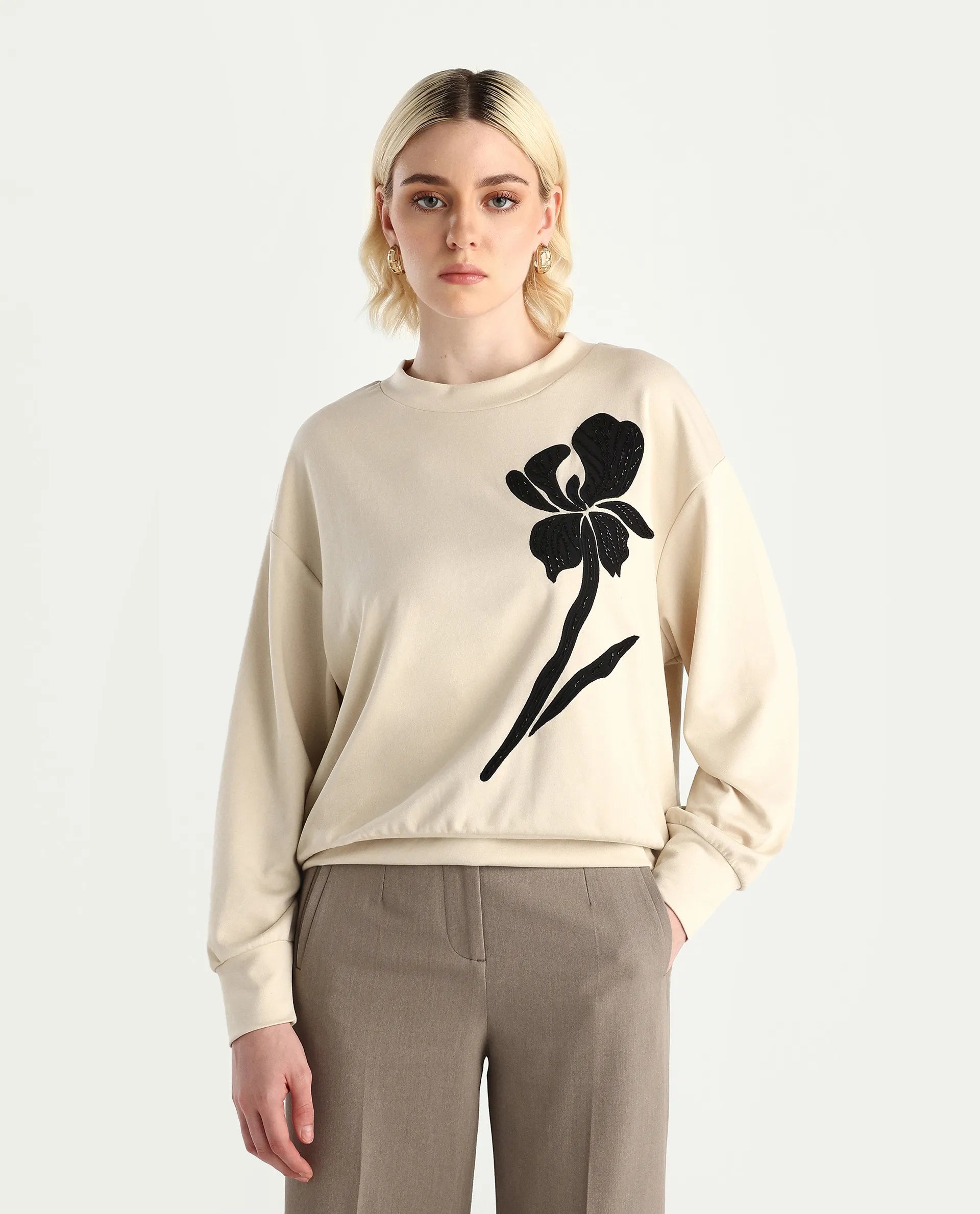 Rareism Women's Swer Light Beige Modal Blend Crew Neck Relaxed Fit Printed Sweatshirt