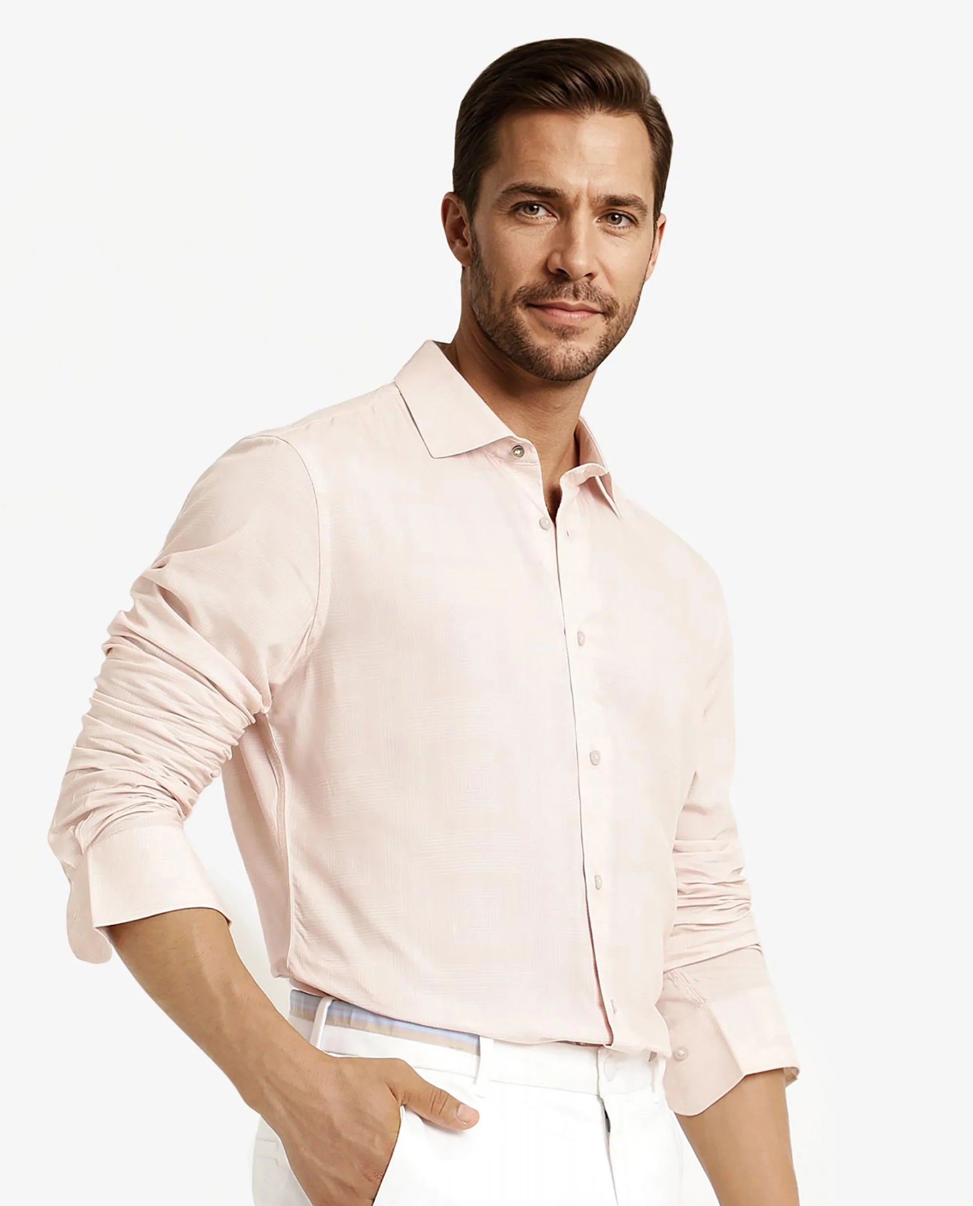 Rare Rabbit Men Swift Beige Viscose Fabric Full Sleeve Regular Fit Geometric Print Shirt