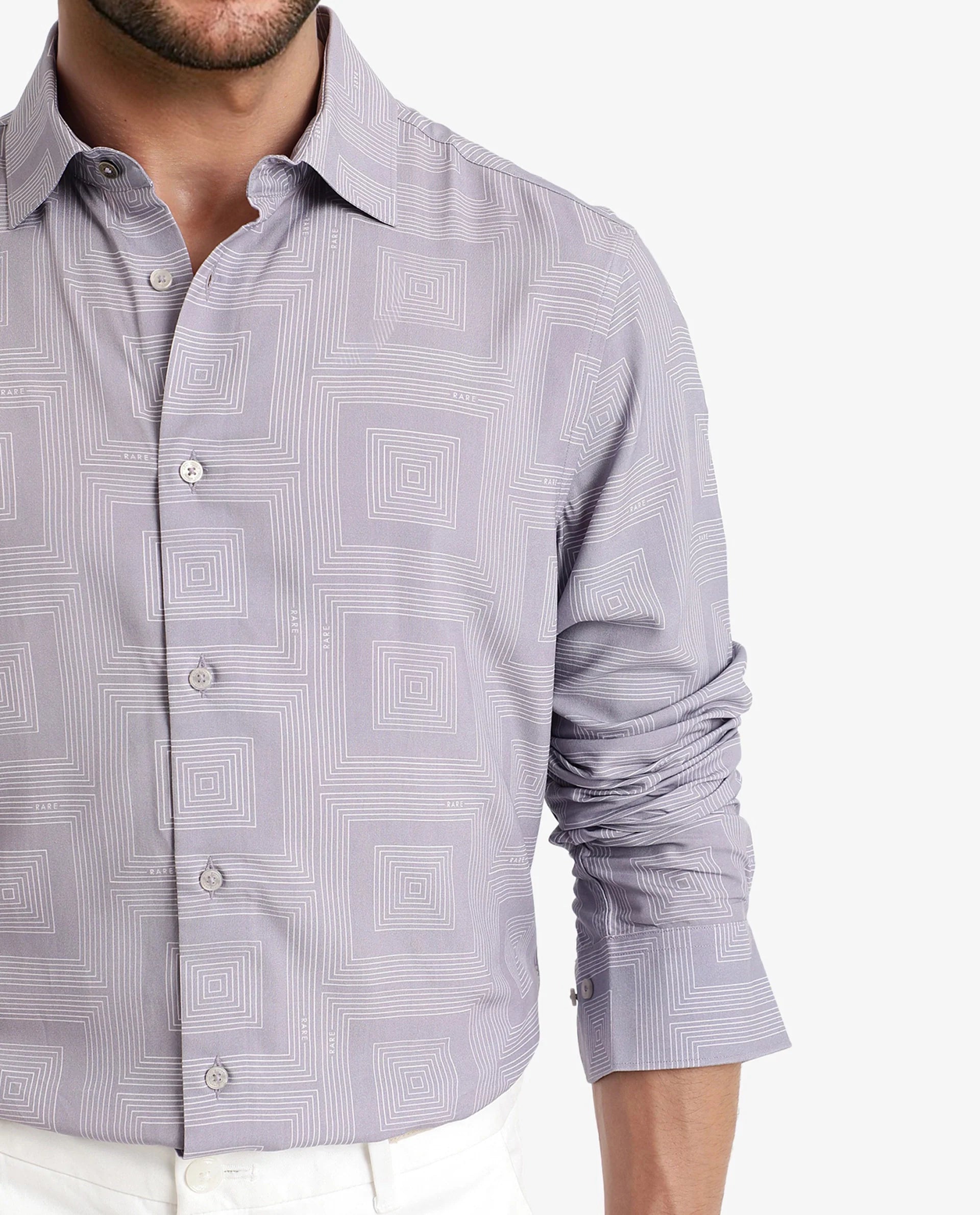 Rare Rabbit Men Swift Pastel Purple Viscose Fabric Full Sleeve Regular Fit Geometric Print Shirt