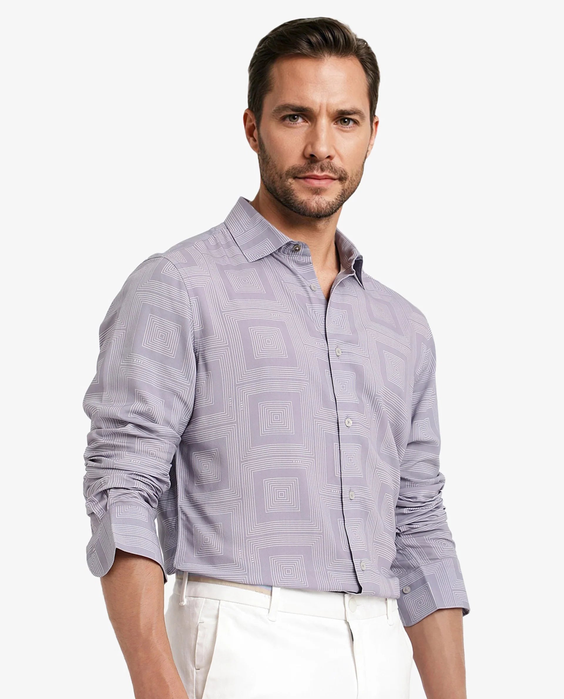 Rare Rabbit Men Swift Pastel Purple Viscose Fabric Full Sleeve Regular Fit Geometric Print Shirt