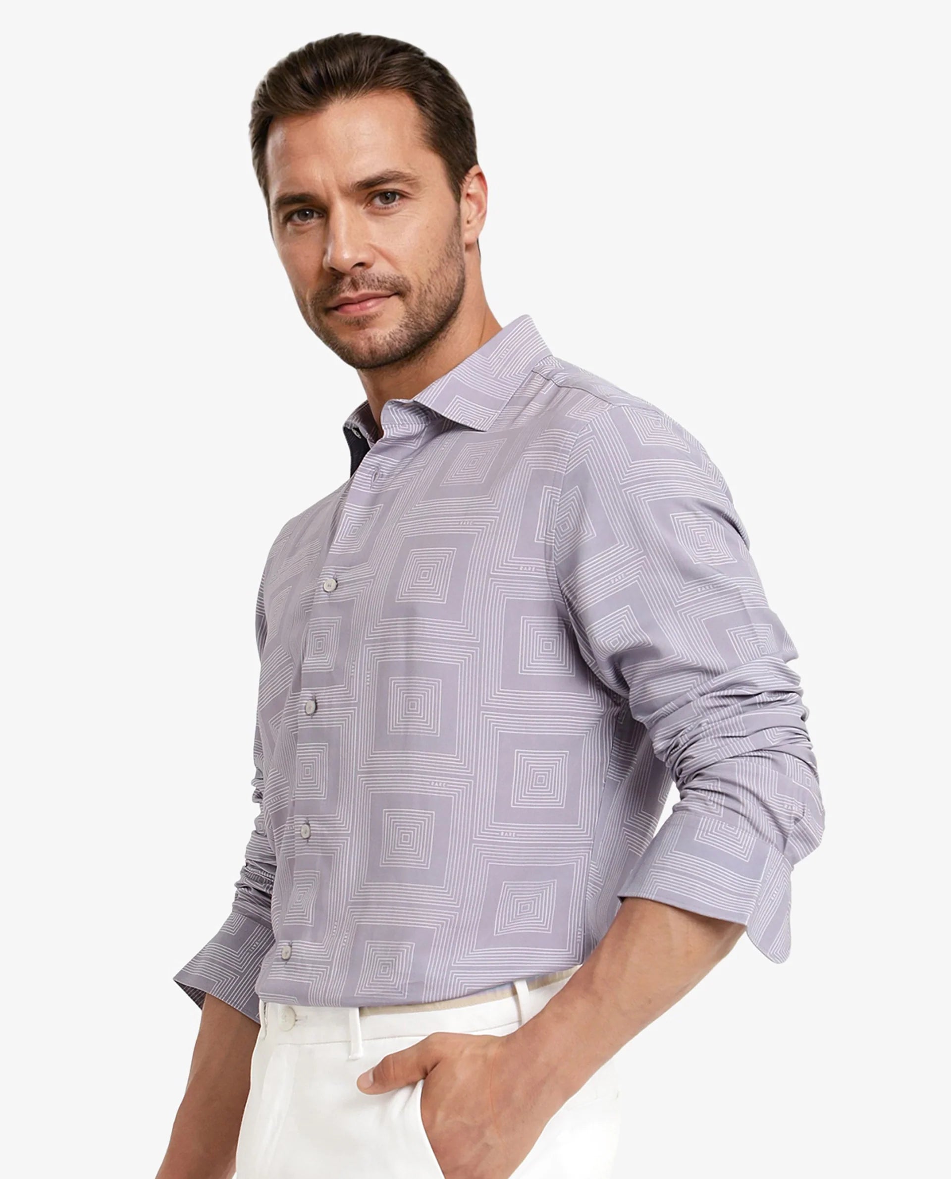 Rare Rabbit Men Swift Pastel Purple Viscose Fabric Full Sleeve Regular Fit Geometric Print Shirt