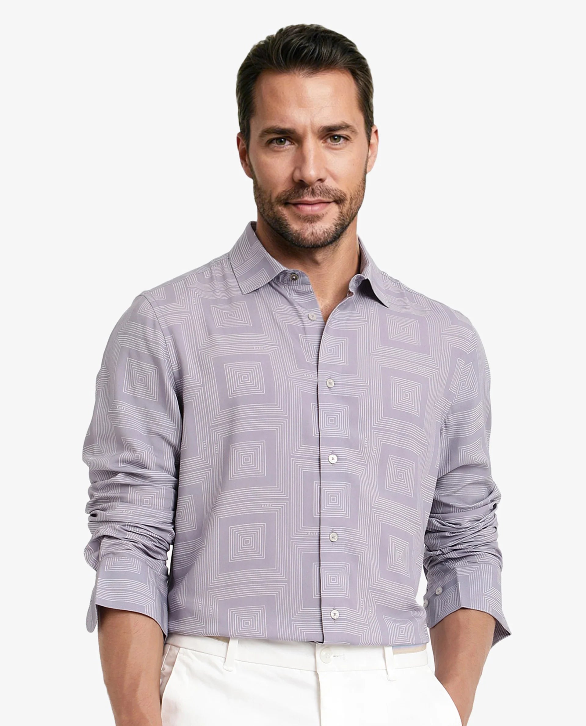 Rare Rabbit Men Swift Pastel Purple Viscose Fabric Full Sleeve Regular Fit Geometric Print Shirt